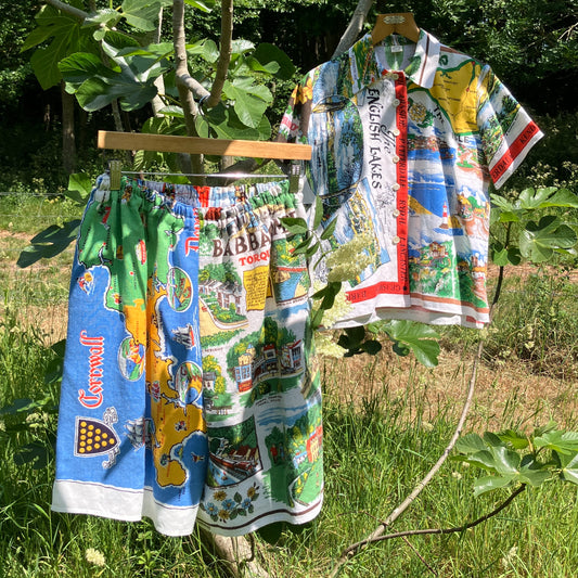 Shirt and shorts set made from vintage holiday souvenir tea towels