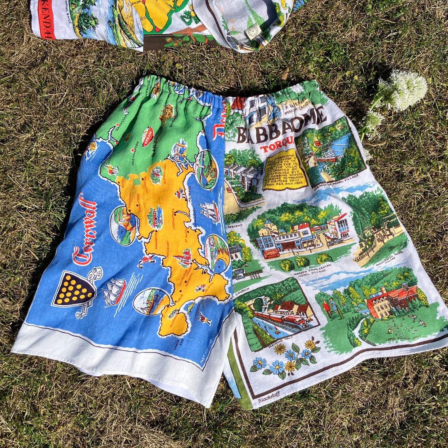 Shirt and shorts set made from vintage holiday souvenir tea towels