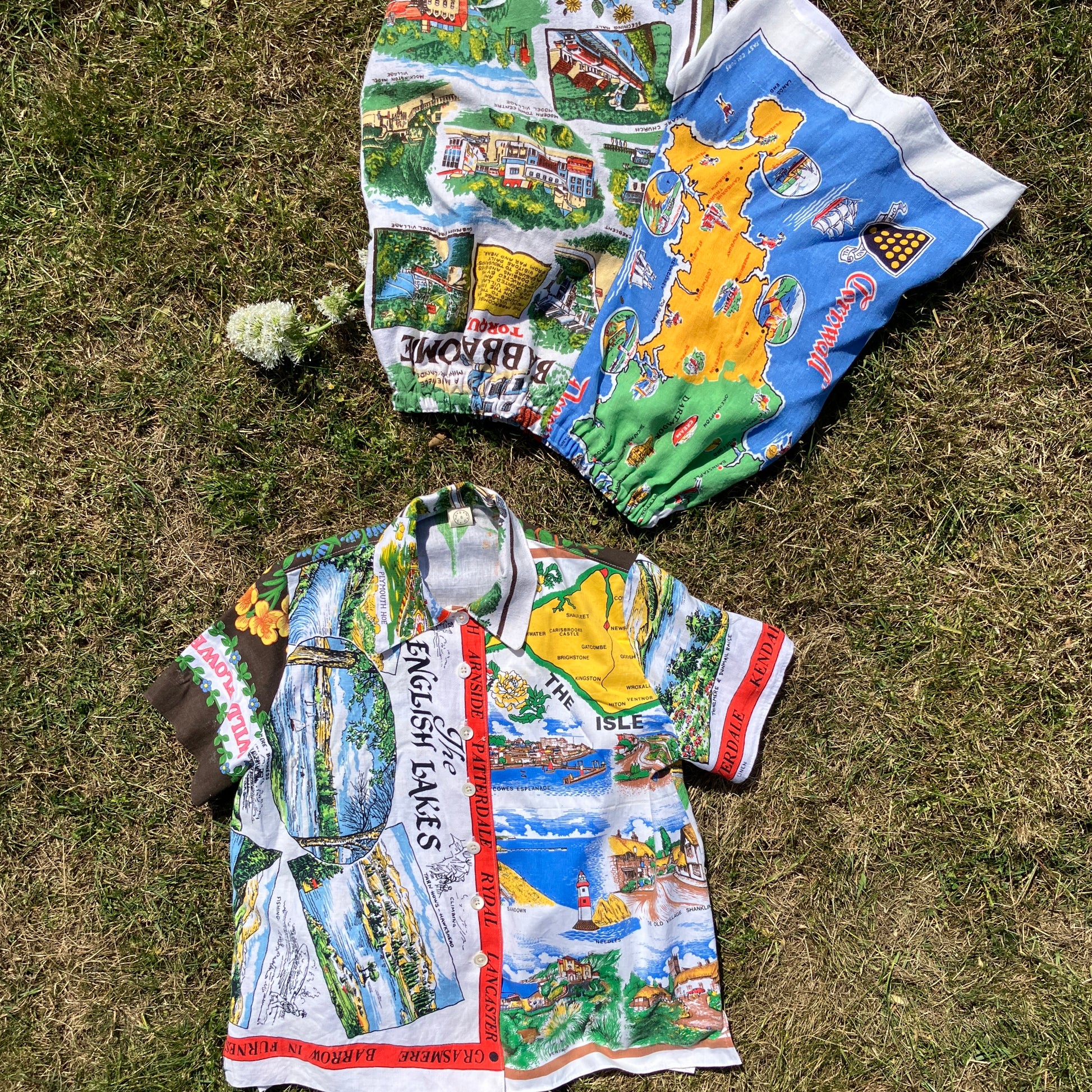 Shirt and shorts set made from vintage holiday souvenir tea towels
