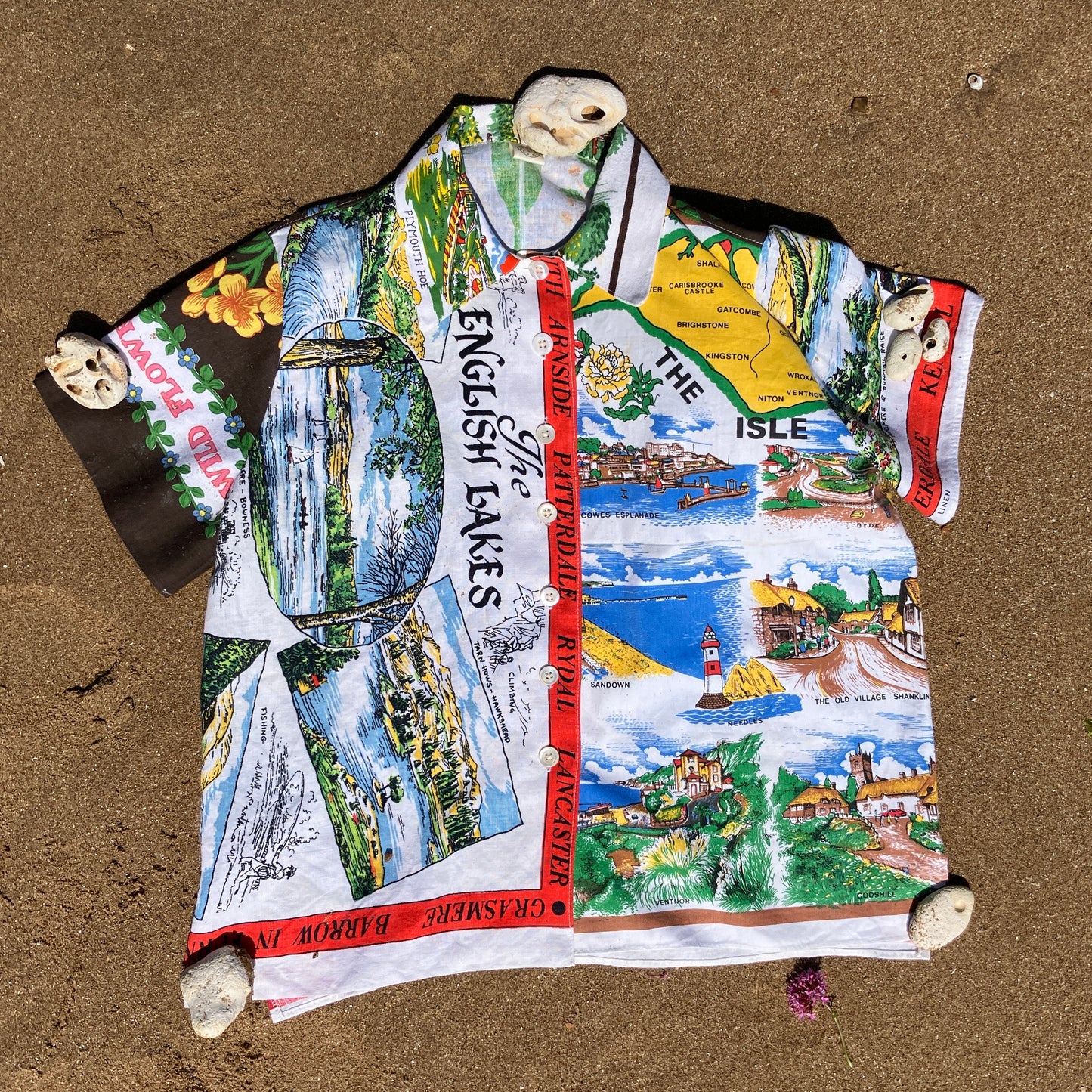 Shirt and shorts set made from vintage holiday souvenir tea towels