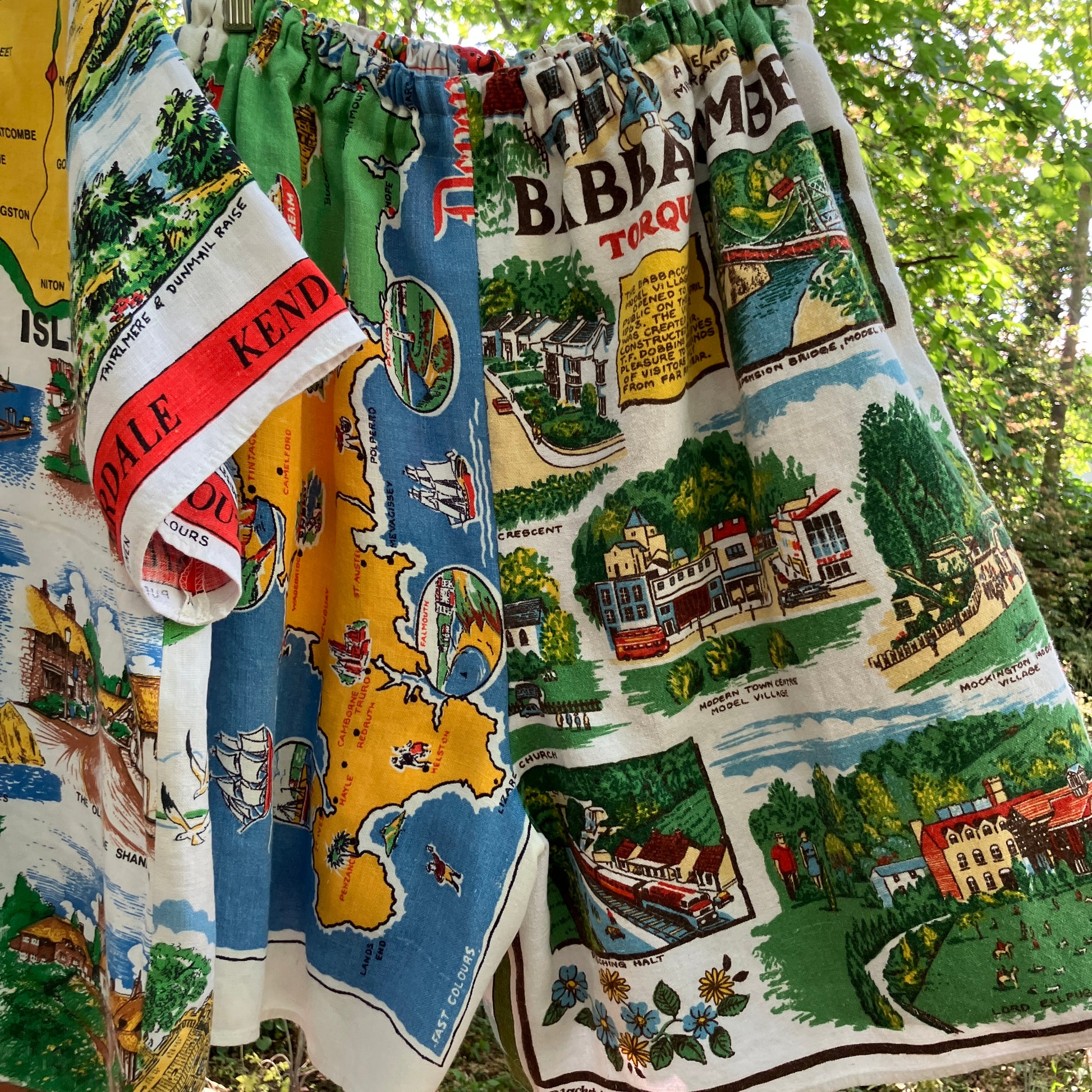 Shirt and shorts set made from vintage holiday souvenir tea towels