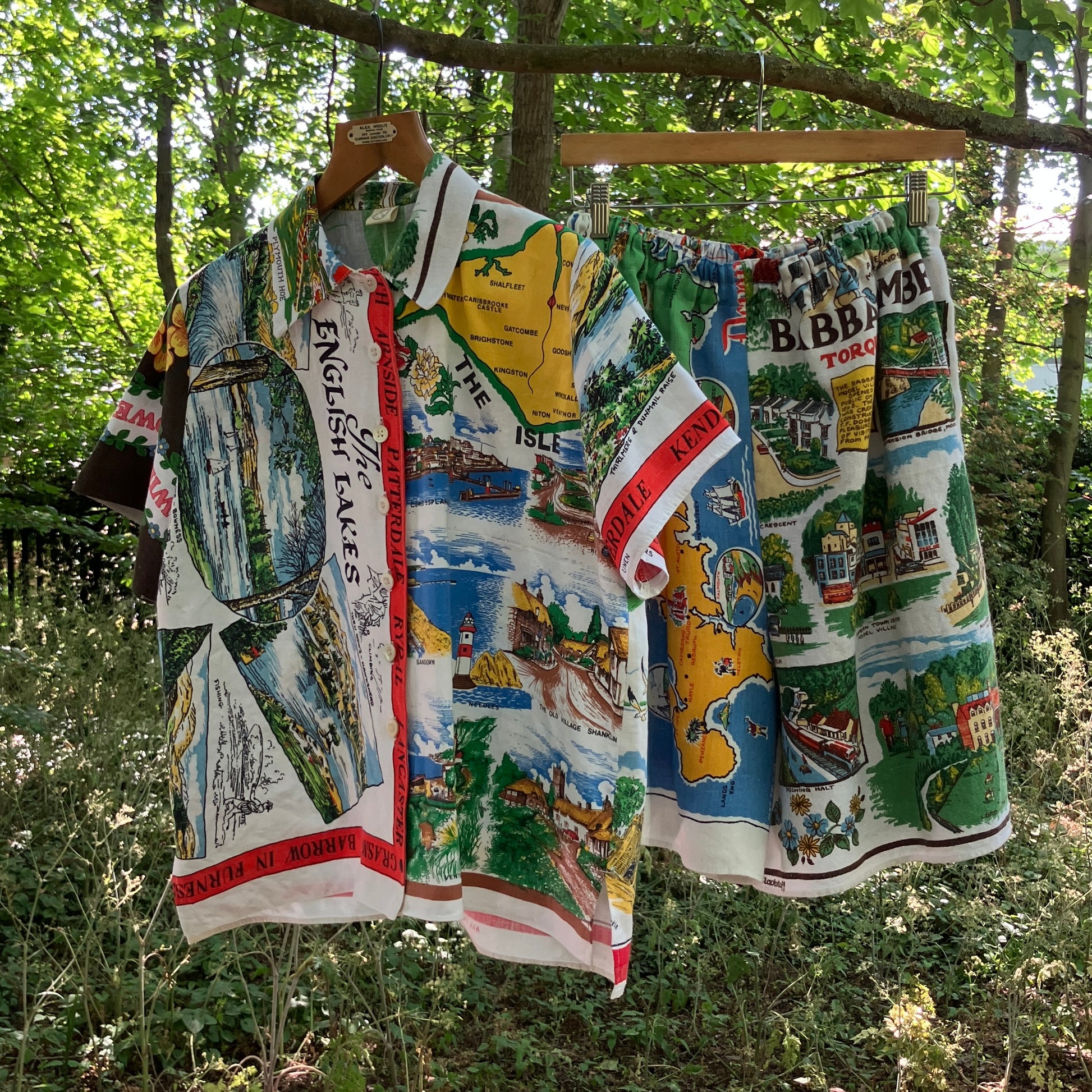 Shirt and shorts set made from vintage holiday souvenir tea towels