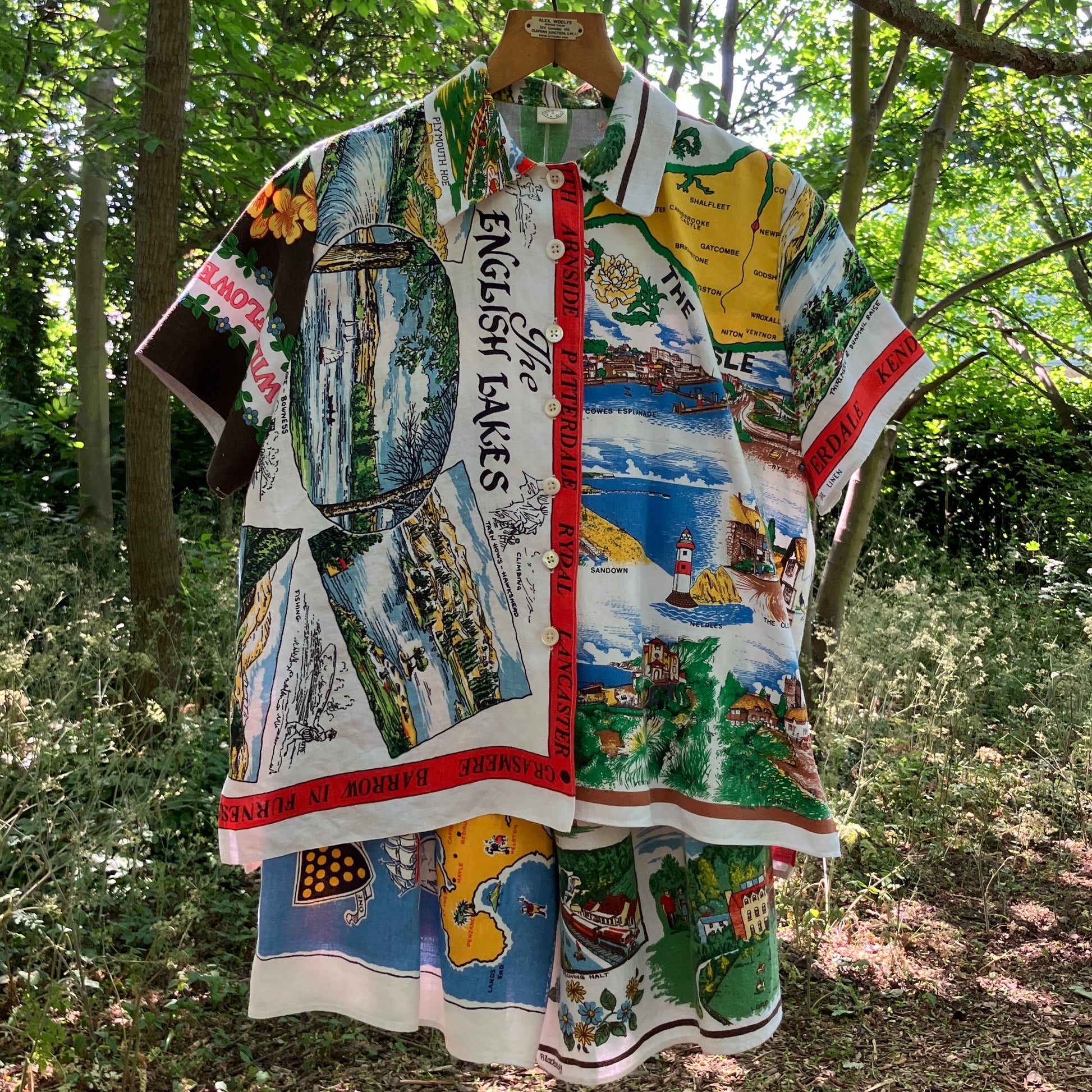 Shirt and shorts set made from vintage holiday souvenir tea towels