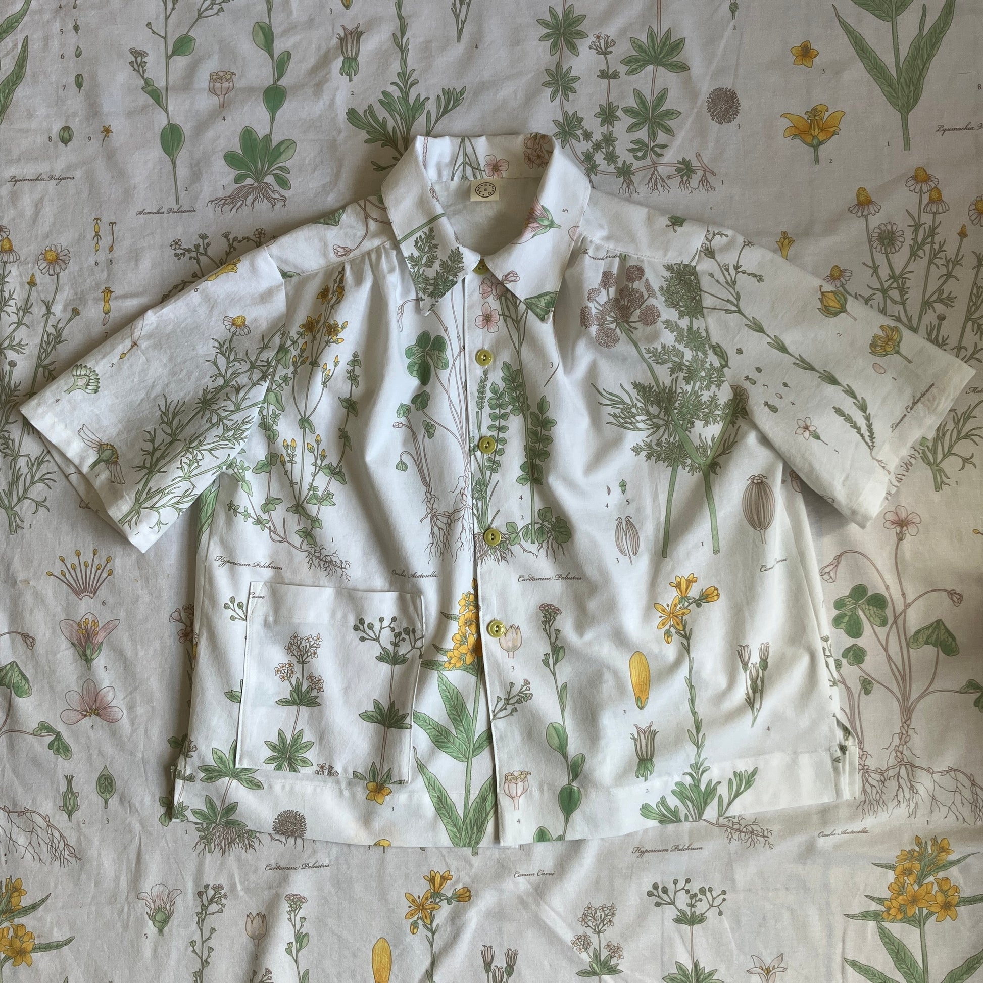 botanical print shirt made from recycled vintage bedding