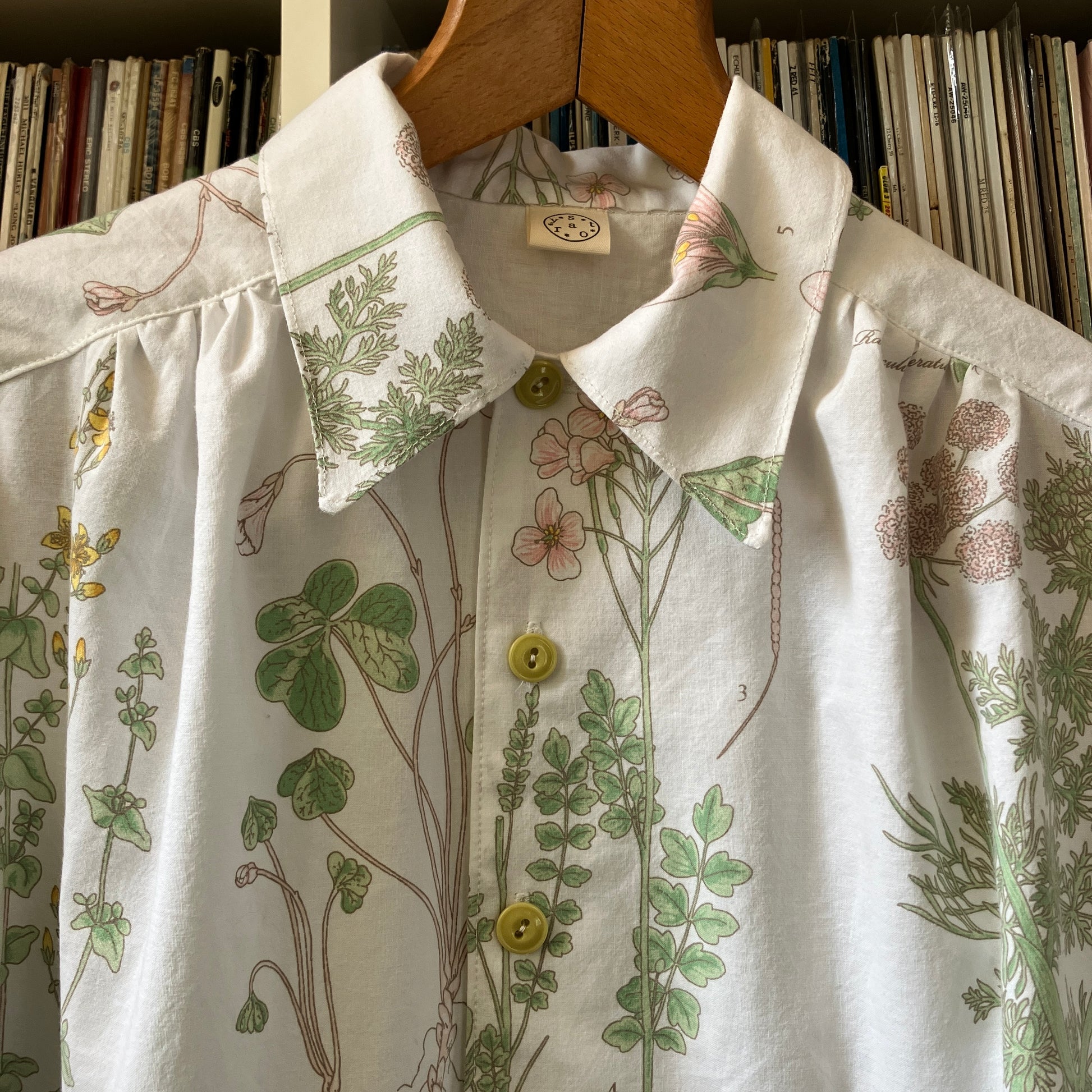 botanical print shirt made from recycled vintage bedding