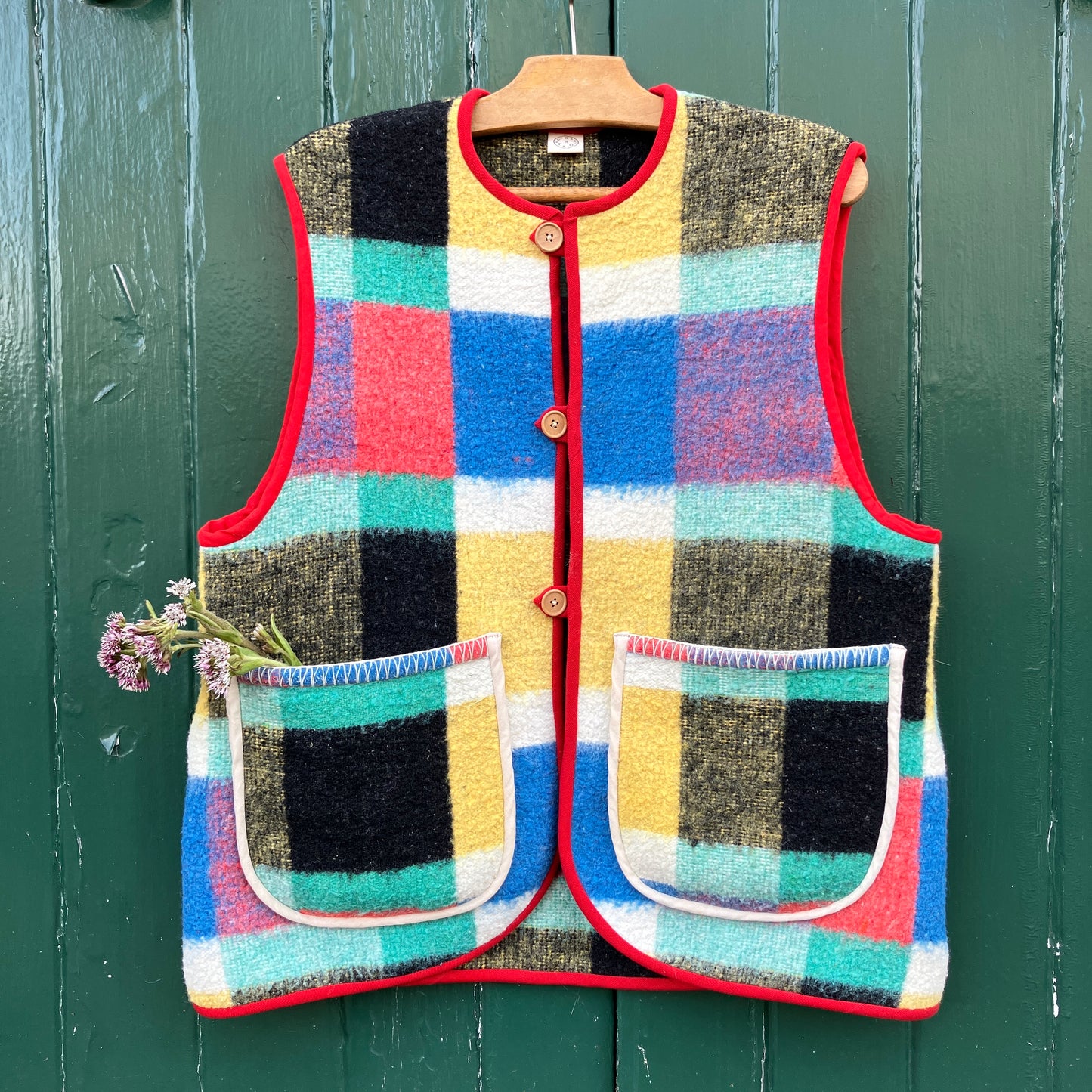Multicoloured check recycled blanket vest