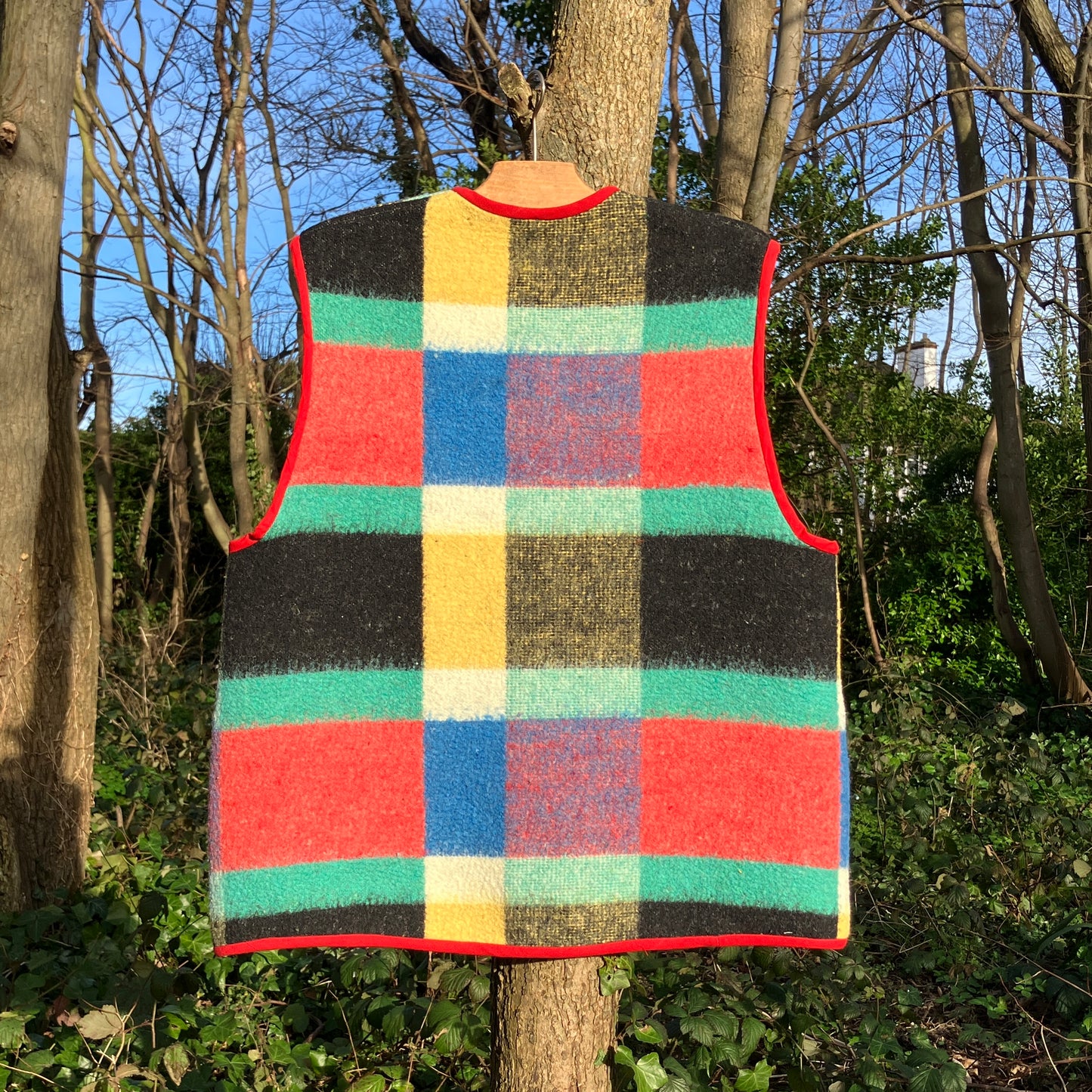 Multicoloured check recycled blanket vest