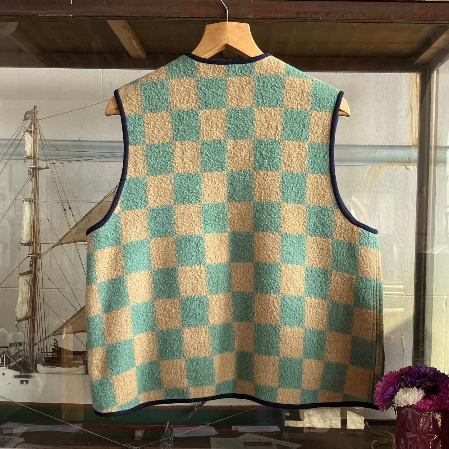 Cosy vest or waistcoat made from a green and beige vintage checkerboard wool-mix blanket