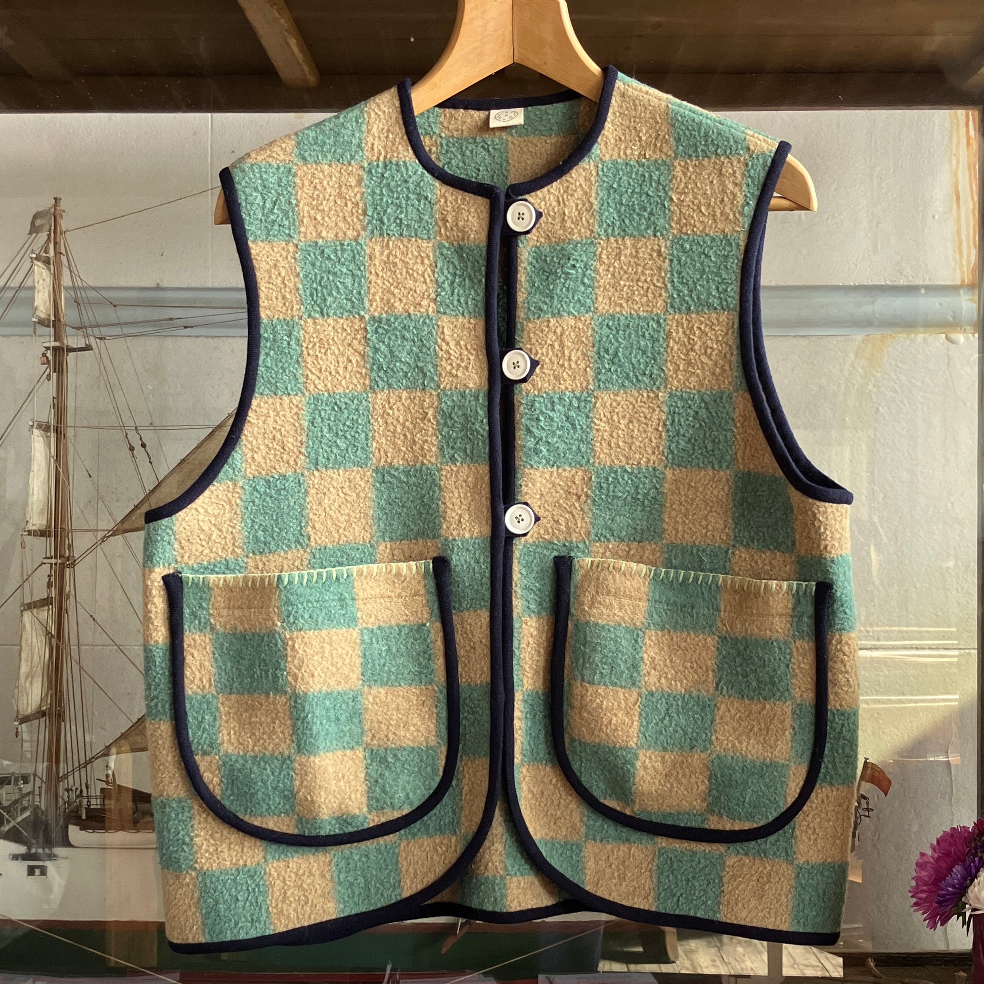 Cosy vest or waistcoat made from a green and beige vintage checkerboard wool-mix blanket