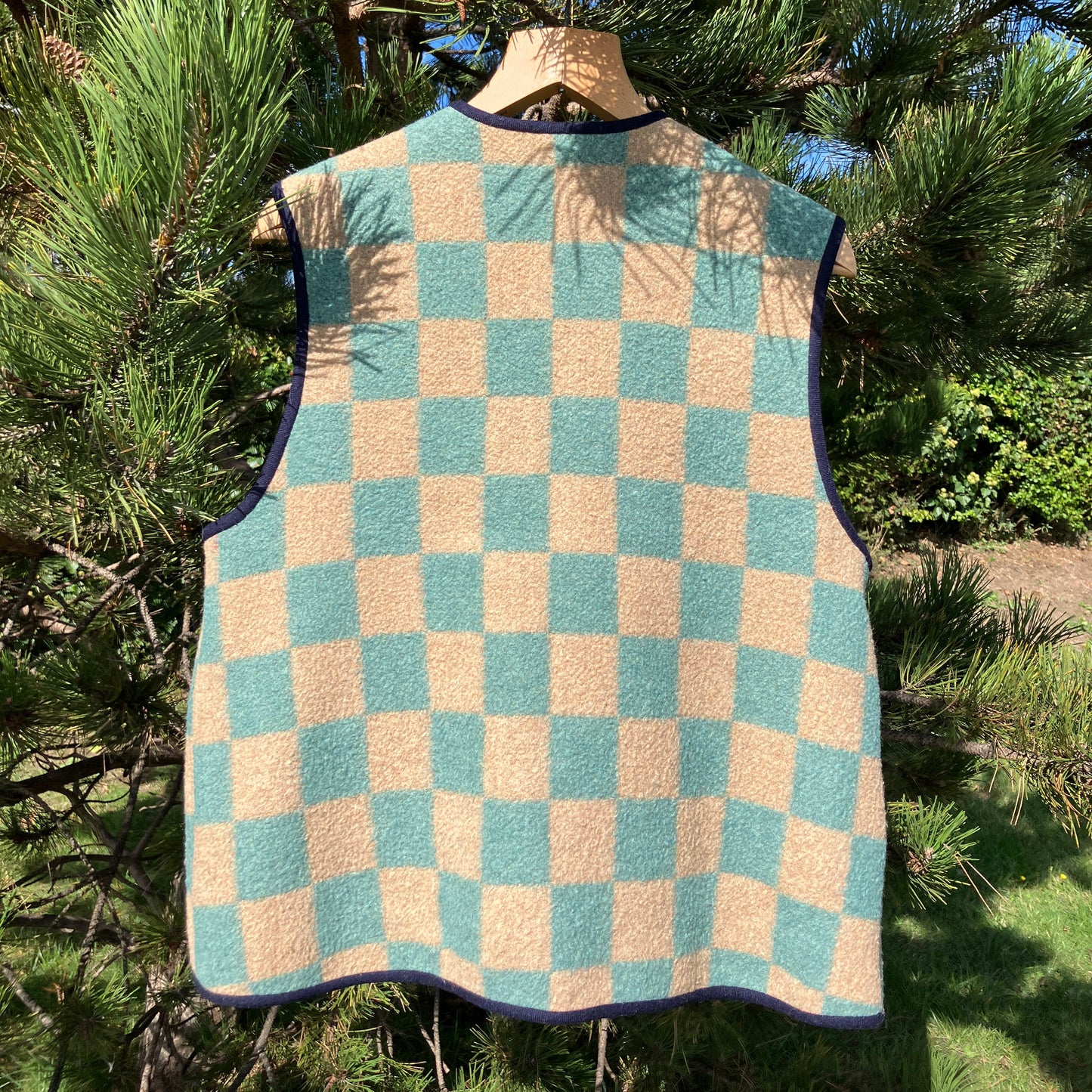 Cosy vest or waistcoat made from a green and beige vintage checkerboard wool-mix blanket