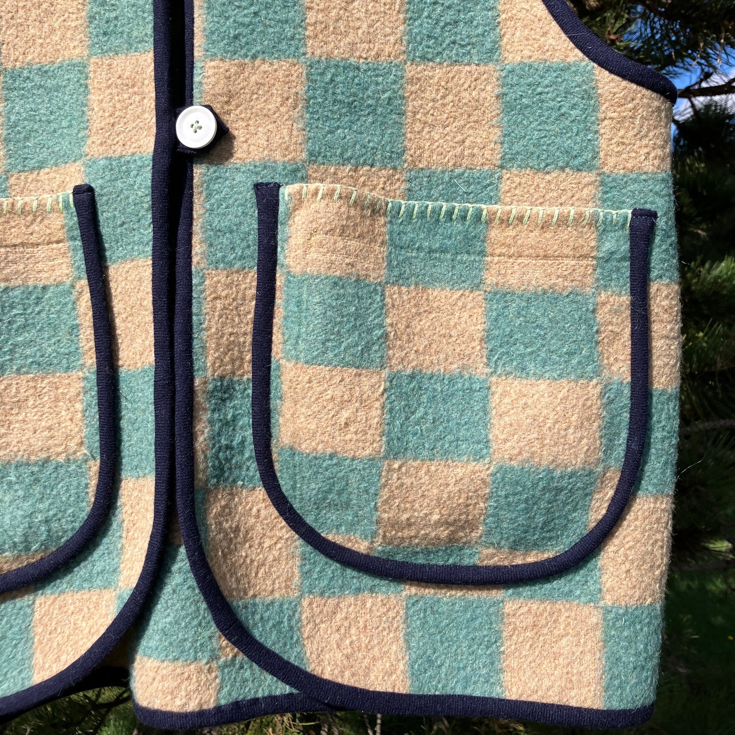 Cosy vest or waistcoat made from a green and beige vintage checkerboard wool-mix blanket