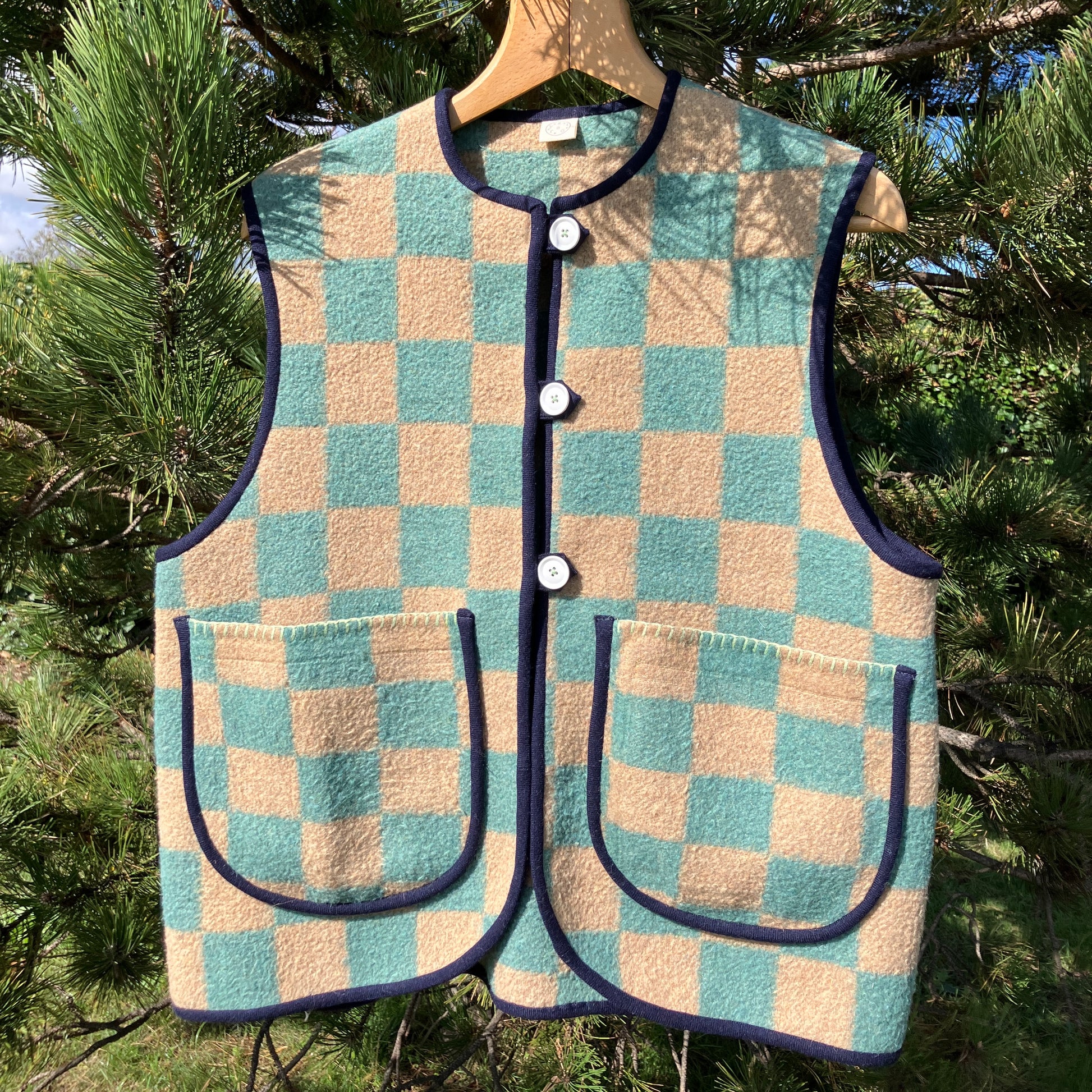 Cosy vest or waistcoat made from a green and beige vintage checkerboard wool-mix blanket