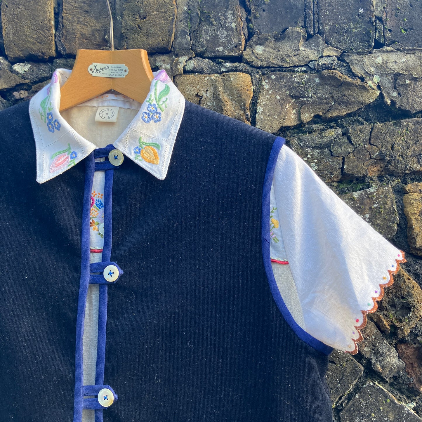 Vest/waistcoat made from reclaimed offcuts of navy blue corduroy, 