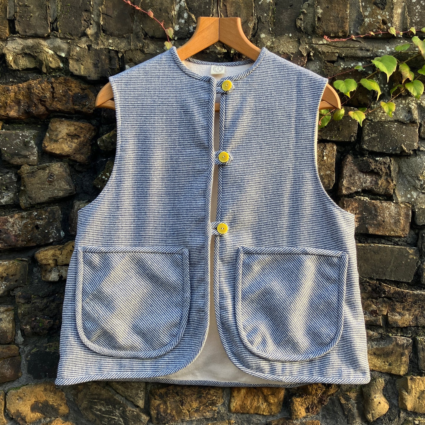 Vest-waistcoat hand made from a found remnant of soft dark blue and white dogtooth check wool.