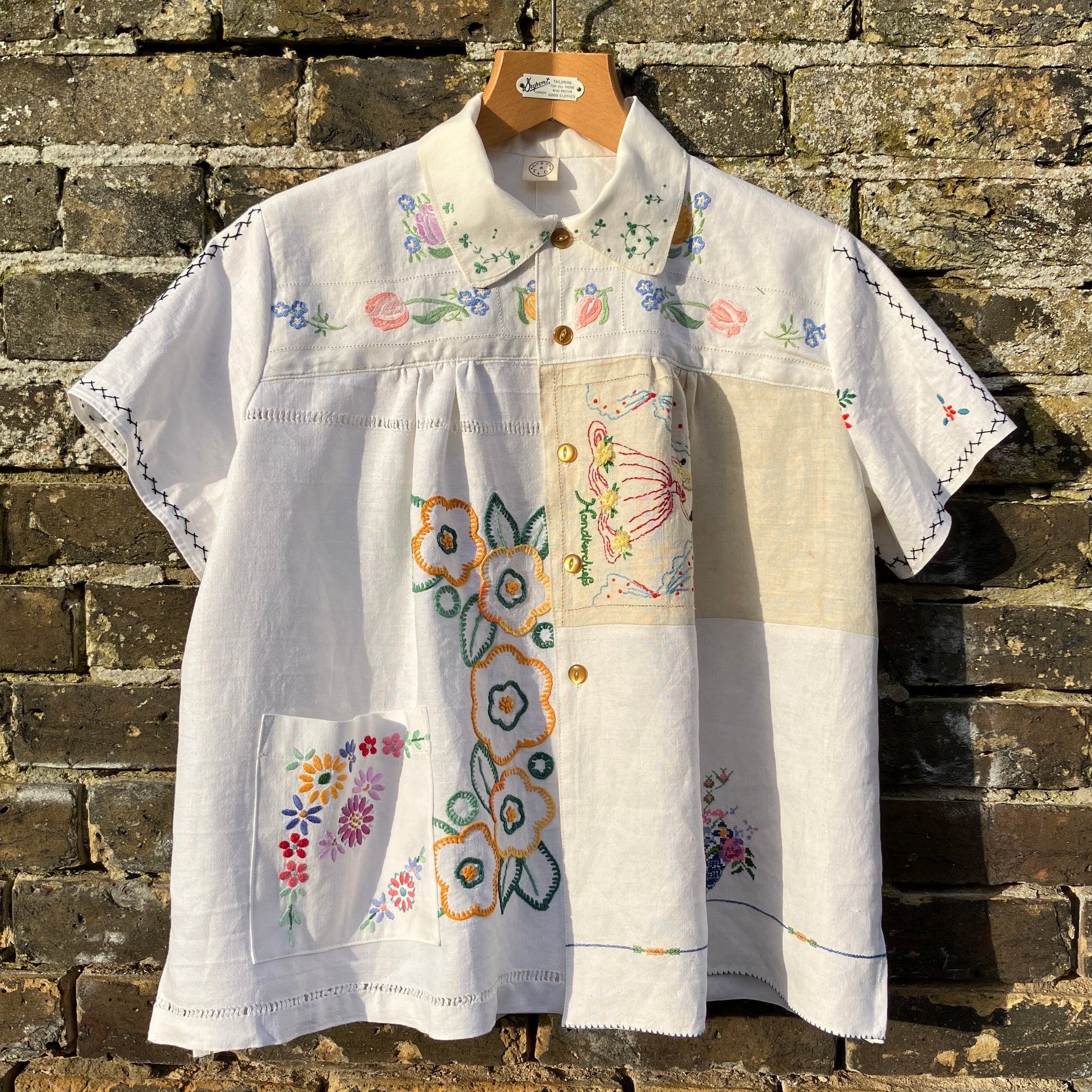 Shirt made from a patchwork of reclaimed vintage linens