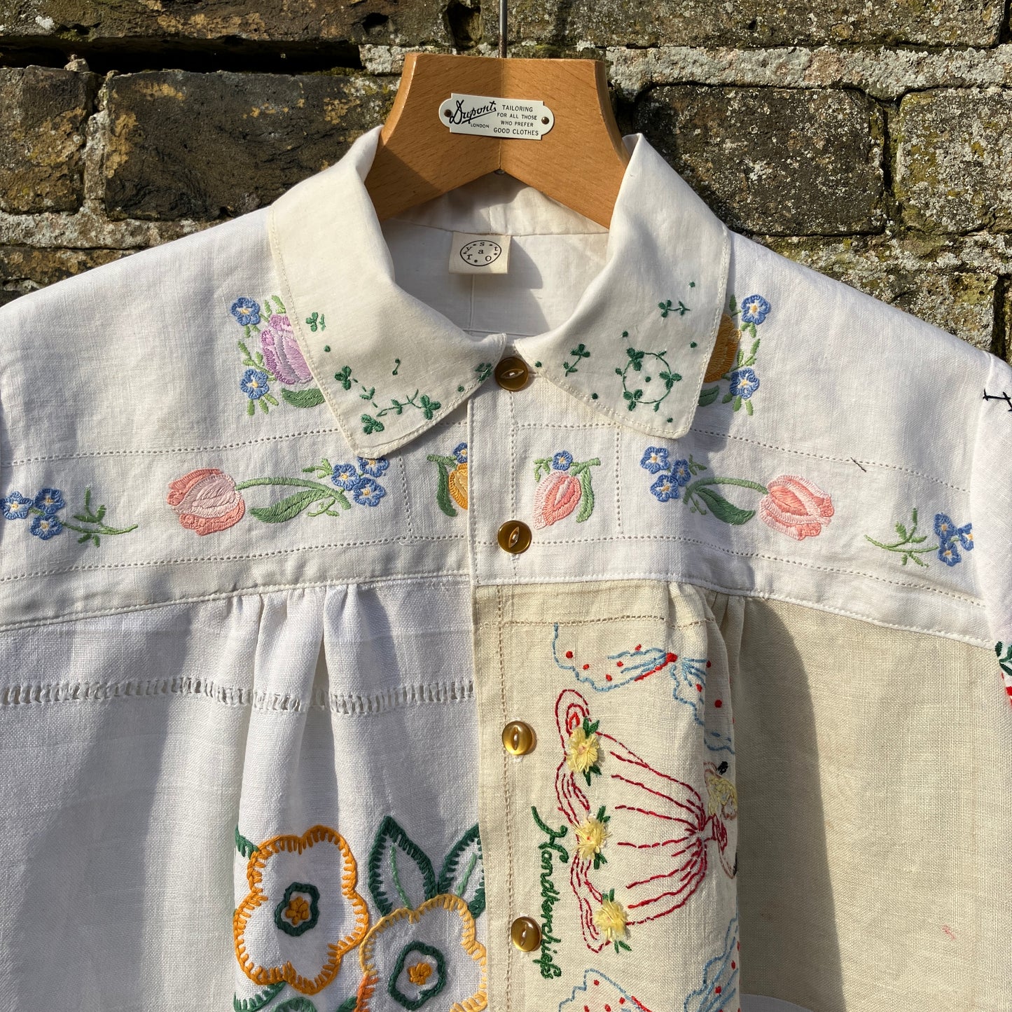 Shirt made from a patchwork of reclaimed vintage linens