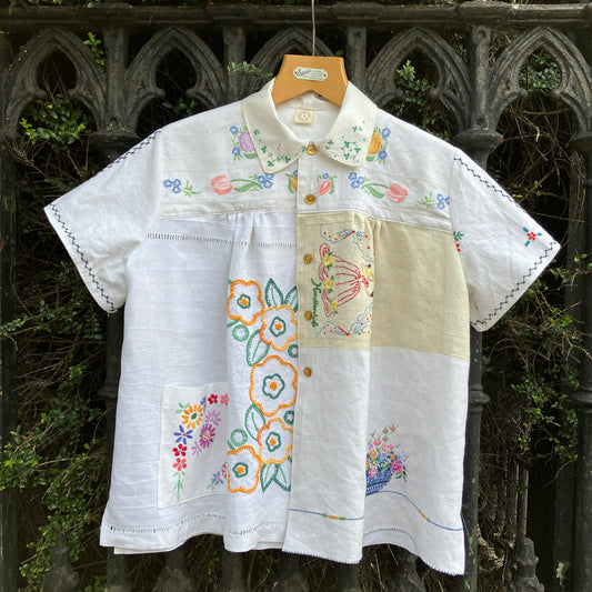 Shirt made from a patchwork of reclaimed vintage linens