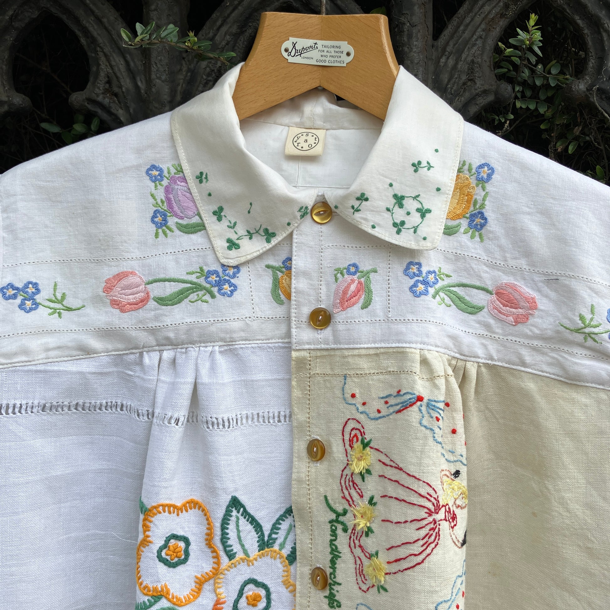 Shirt made from a patchwork of reclaimed vintage linens