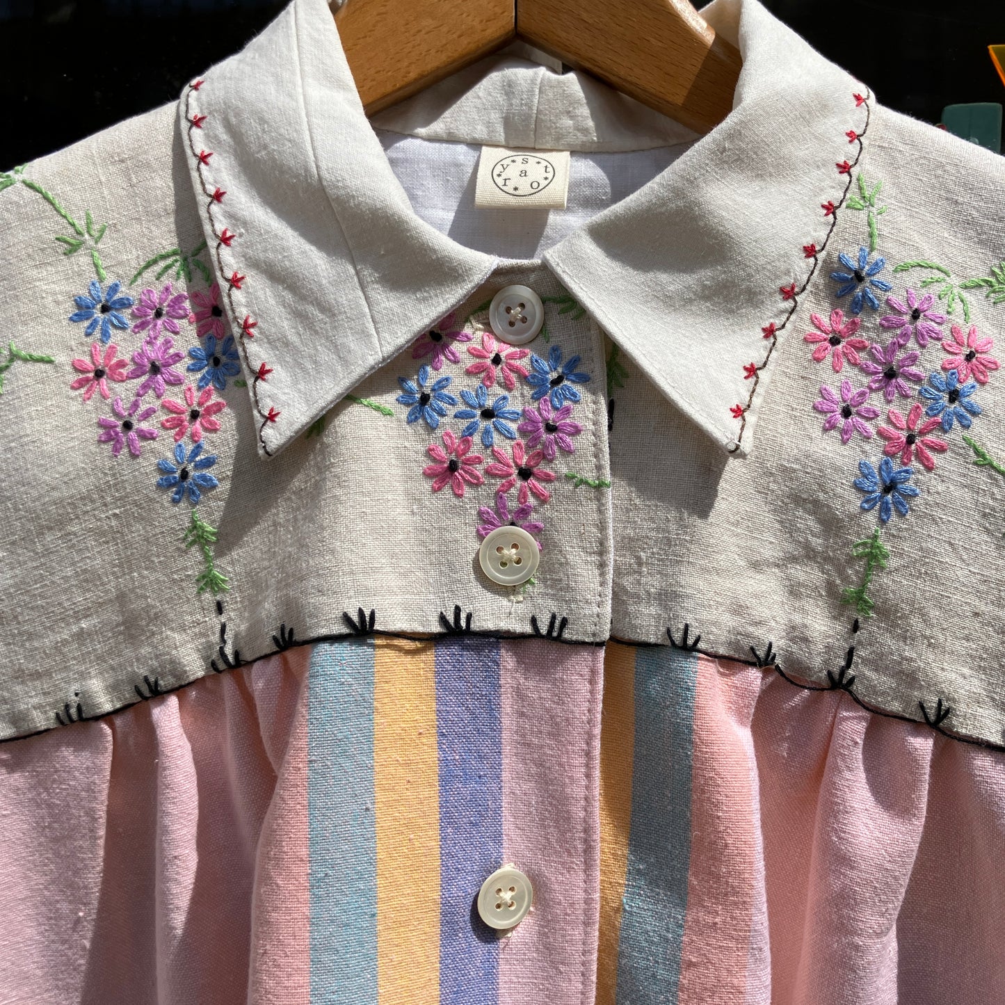 Multi-coloured recycled tablecloth shirt