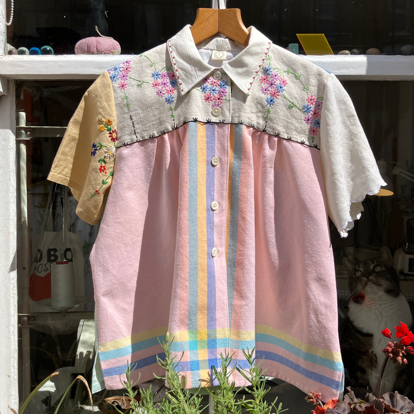 multicoloured patchwork recycled tablecloth shirt