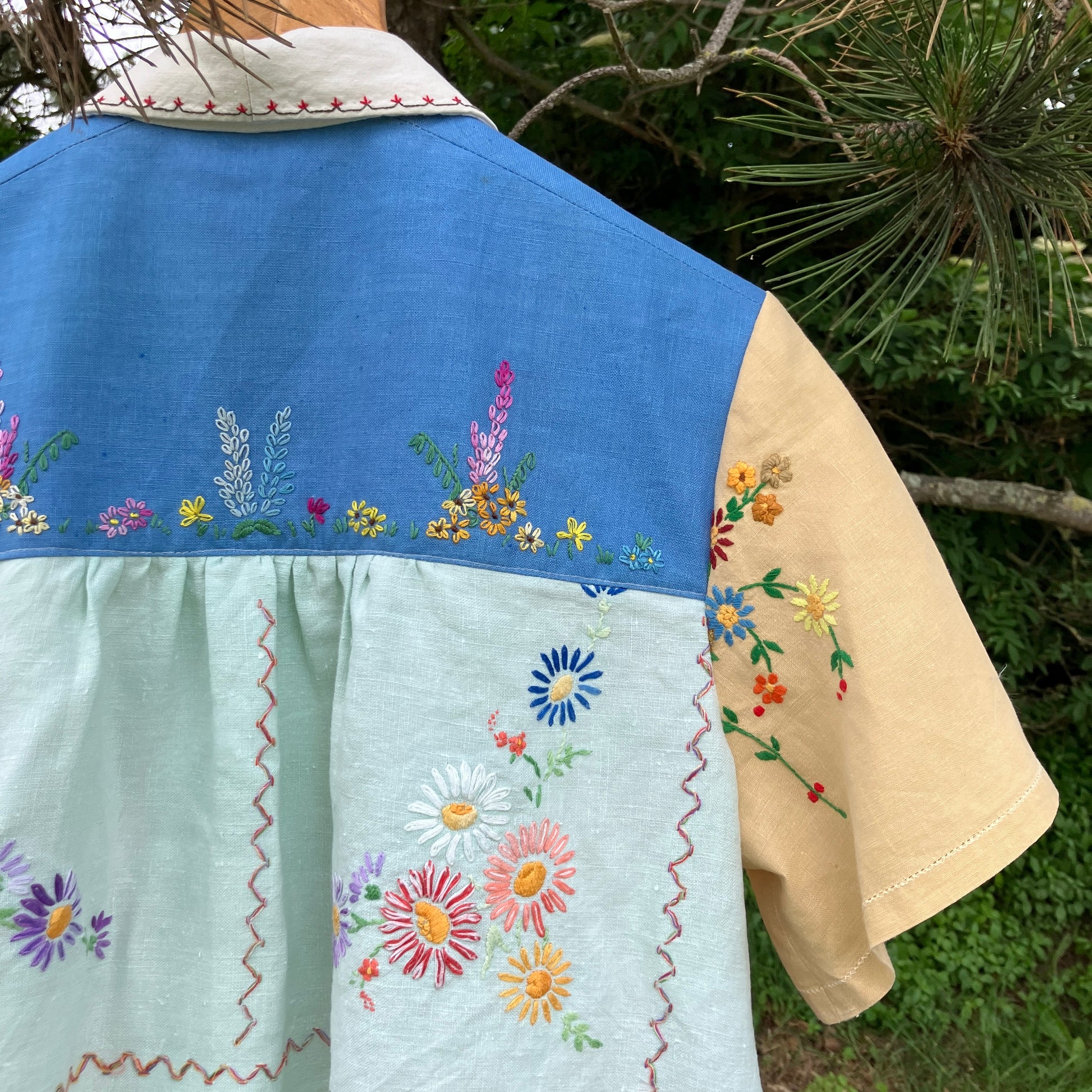 multicoloured patchwork recycled tablecloth shirt