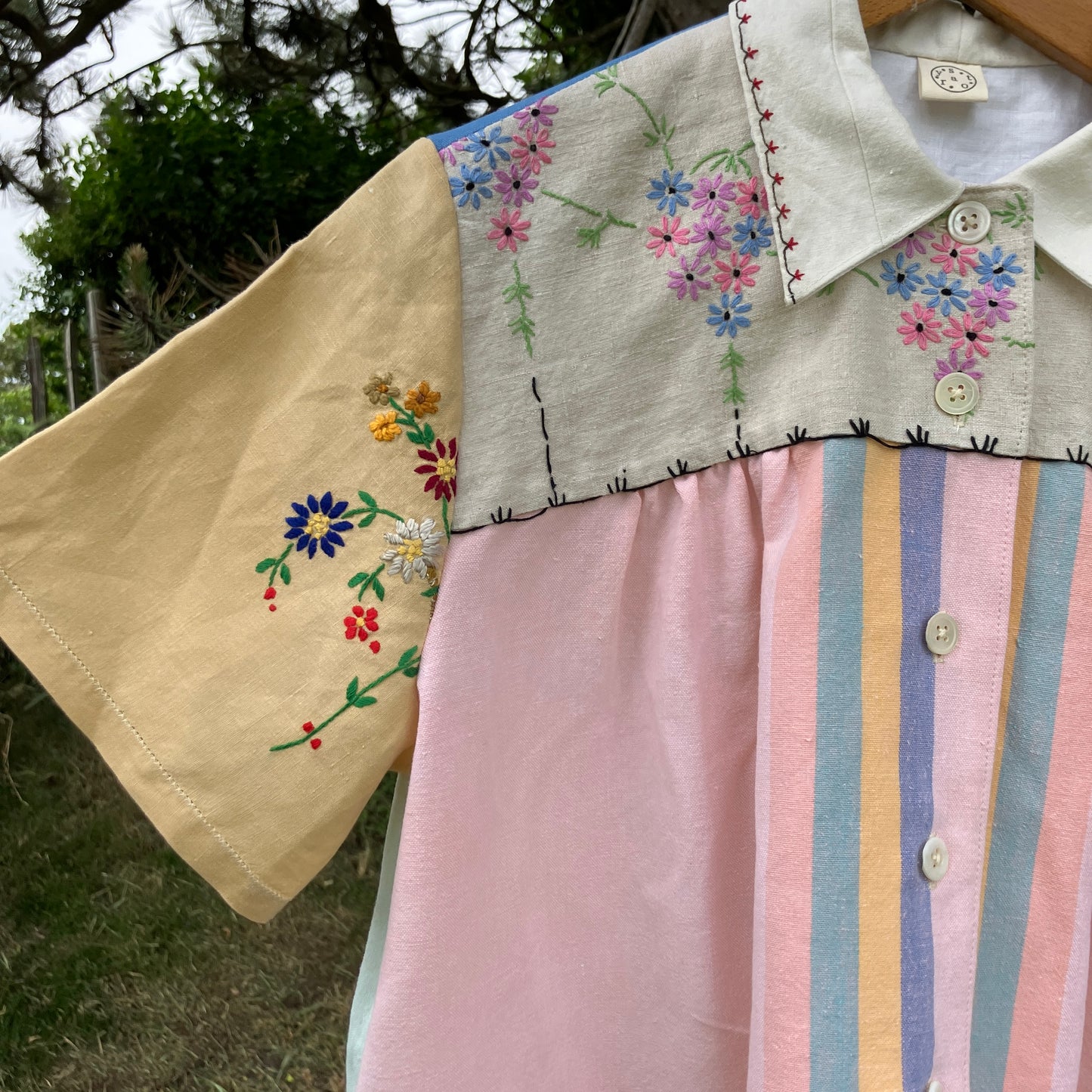 multicoloured patchwork recycled tablecloth shirt