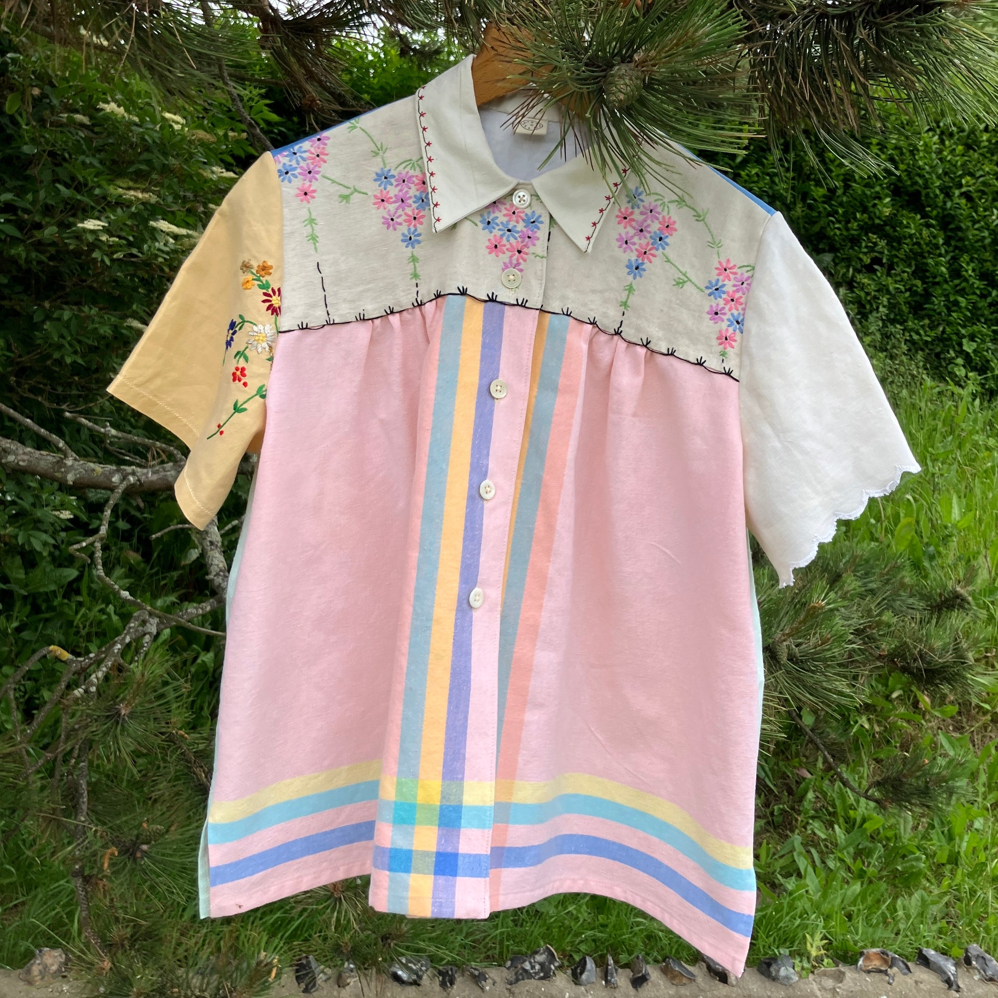 multicoloured patchwork recycled tablecloth shirt