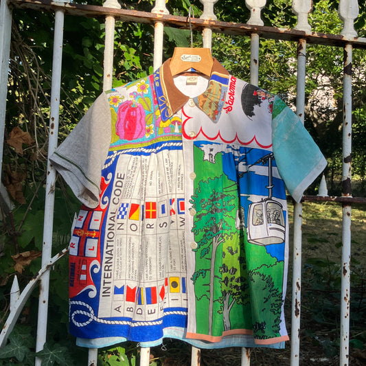 Shirt made from a patchwork of recycled tea towels