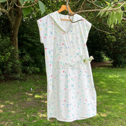 Sailor collar dress hand made from a repurposed vintage curtain, white cotton with a delicate floral print
