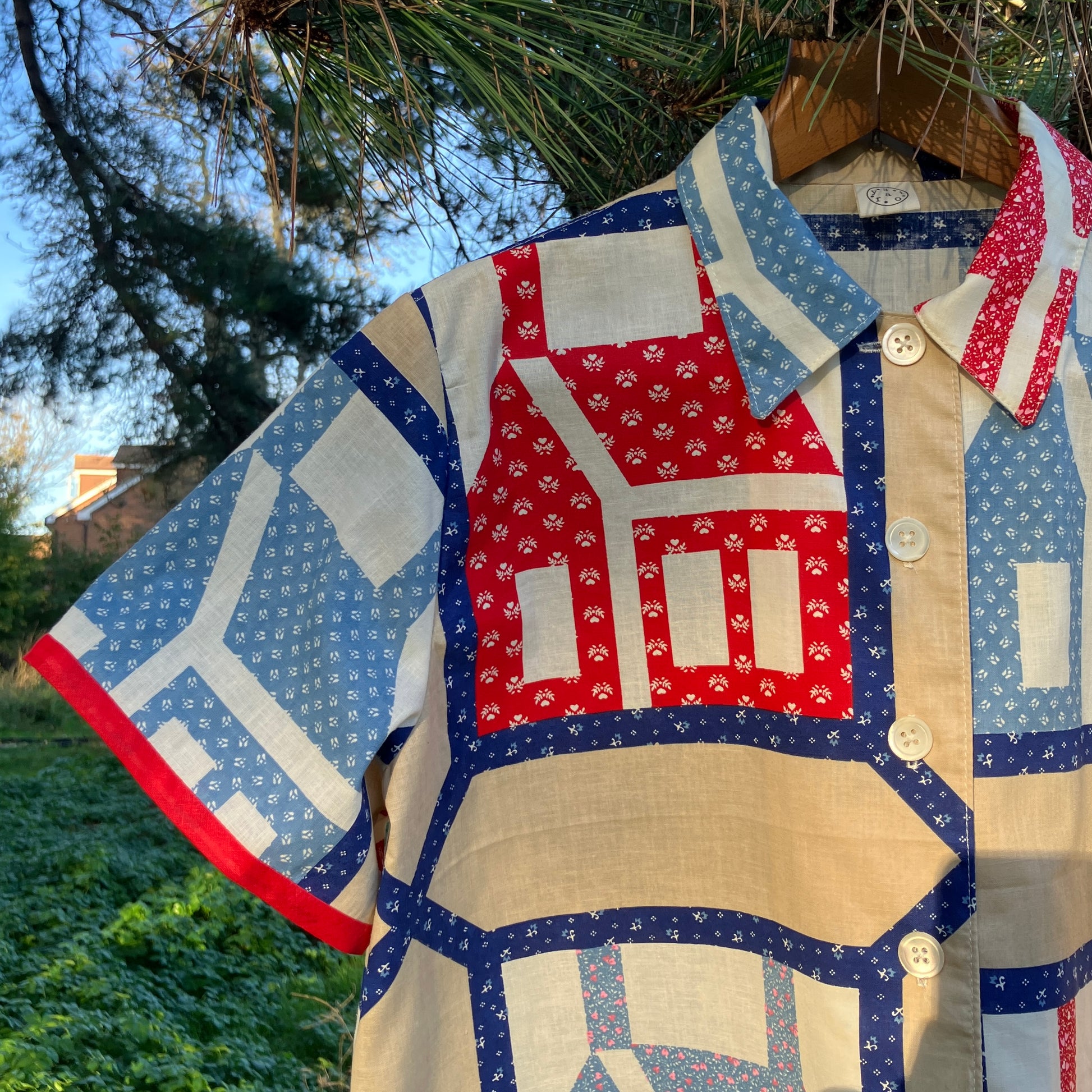 Shirt made from Schoolhouse print reclaimed fabric