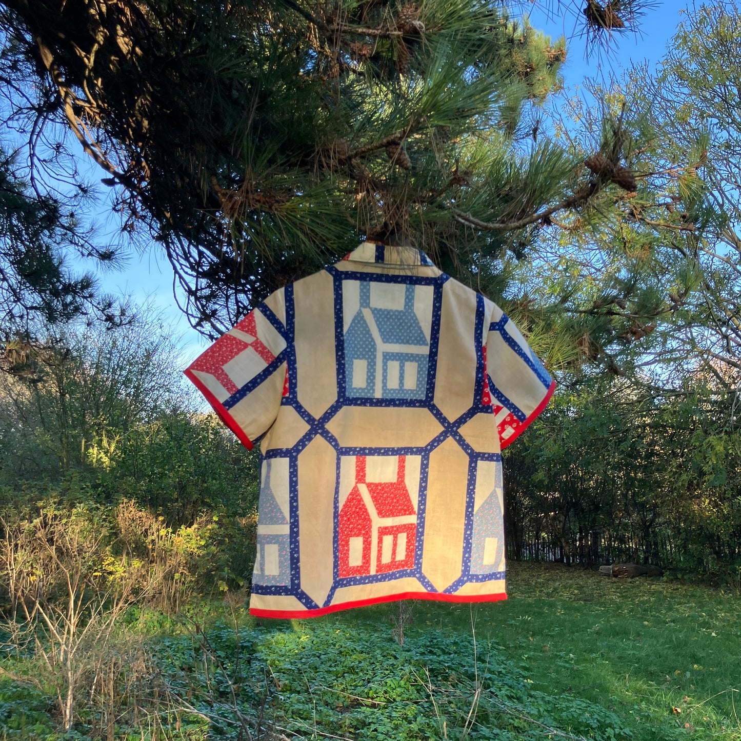 Shirt made from Schoolhouse print reclaimed fabric