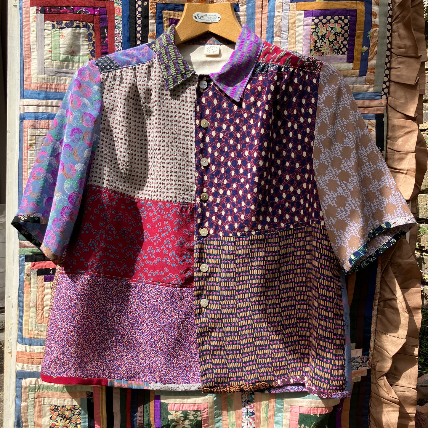 Patchwork blouse made from samples of 70s silk