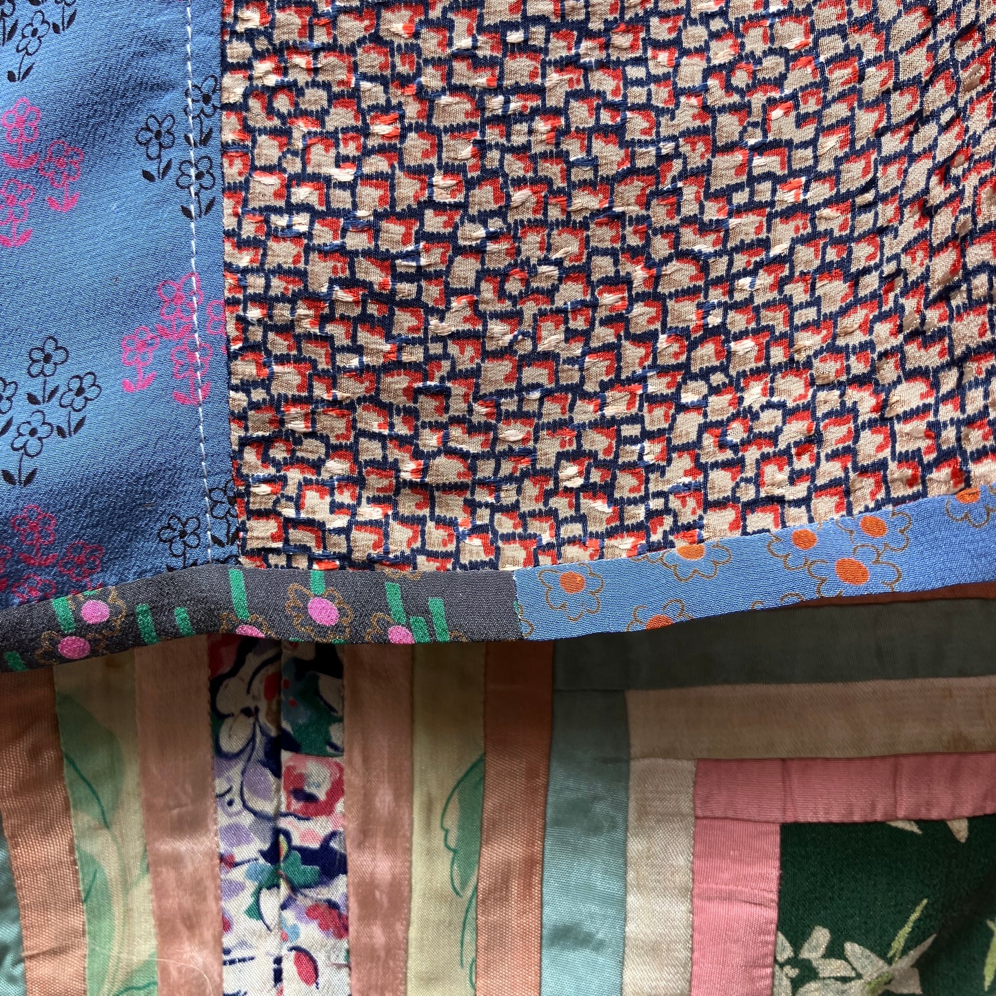 Patchwork blouse made from samples of 70s silk
