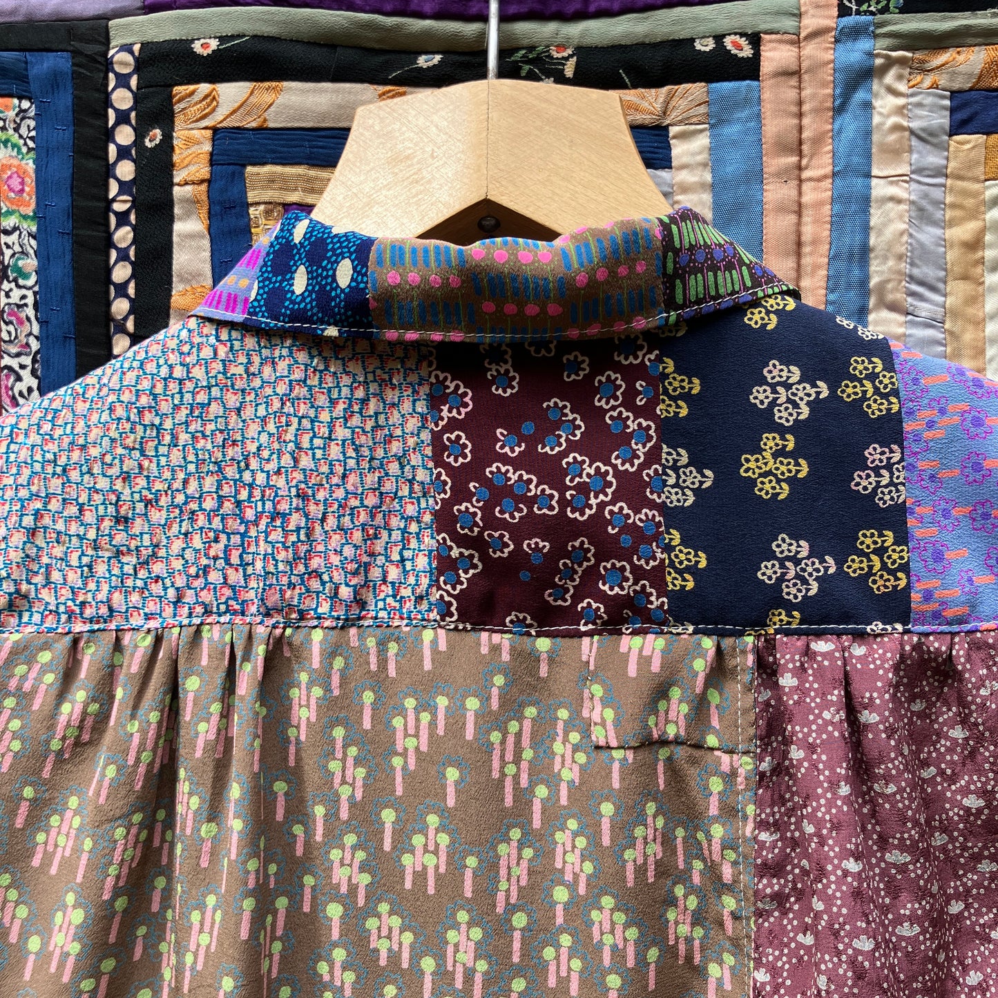 Patchwork blouse made from samples of 70s silk
