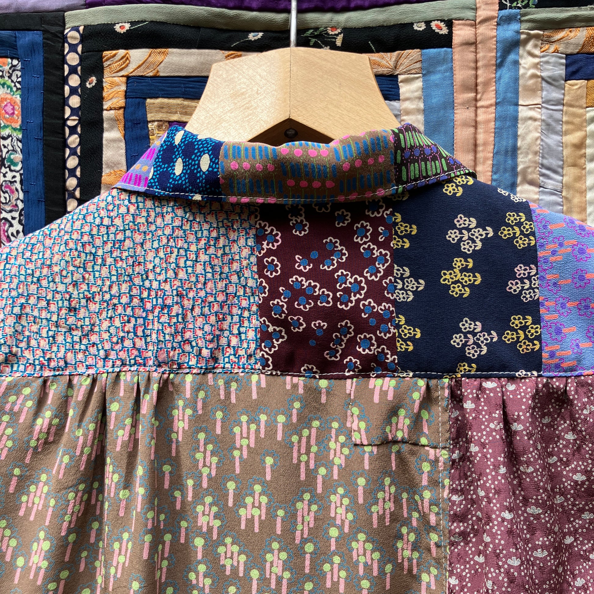 Patchwork blouse made from samples of 70s silk