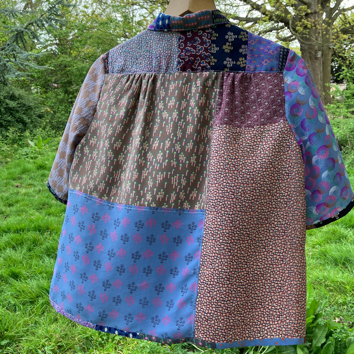 Patchwork blouse made from samples of 70s silk