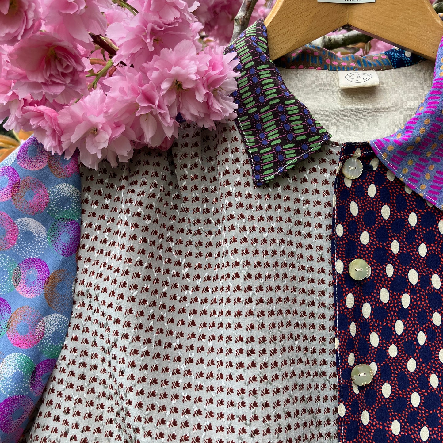 Patchwork blouse made from samples of 70s silk