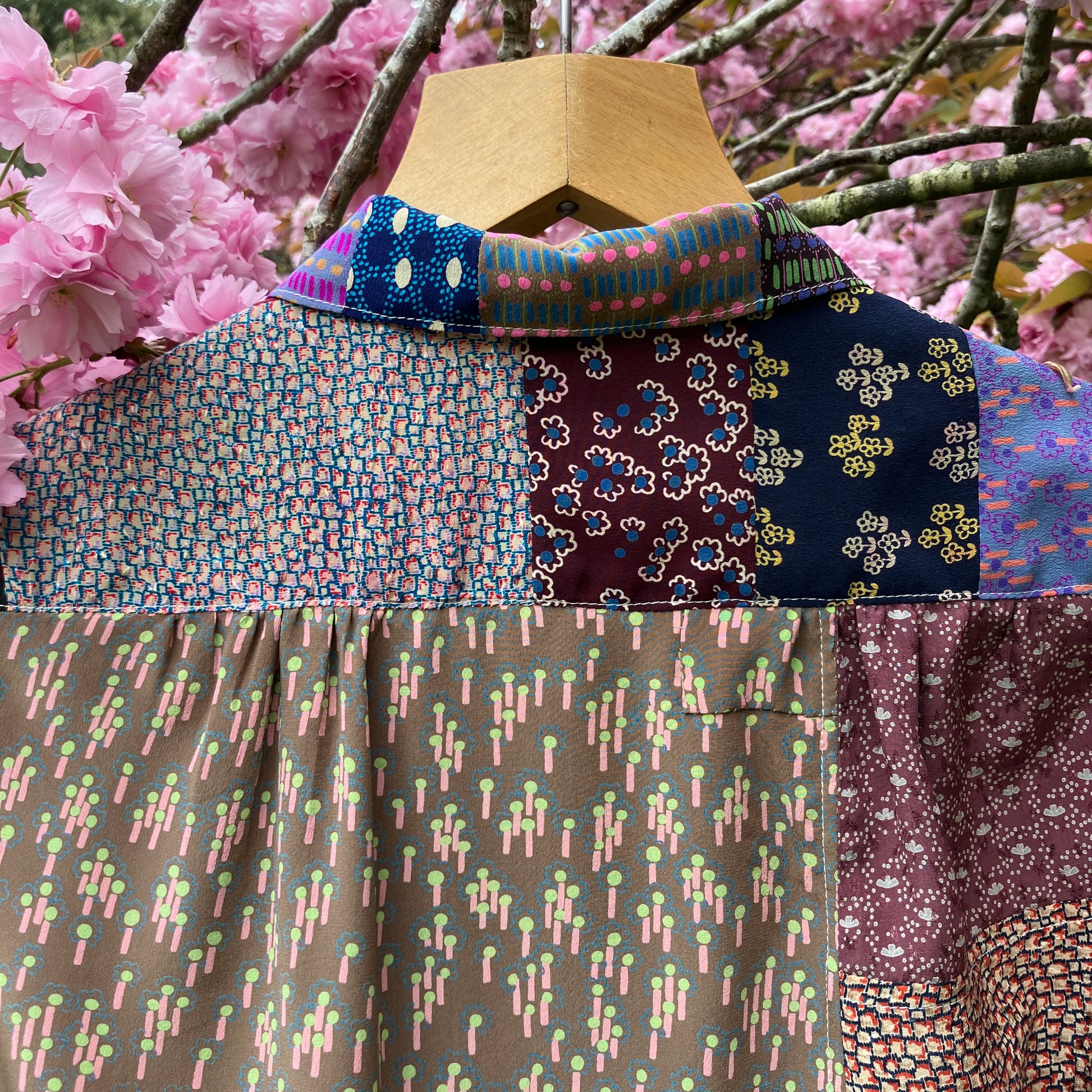 Patchwork blouse made from samples of 70s silk