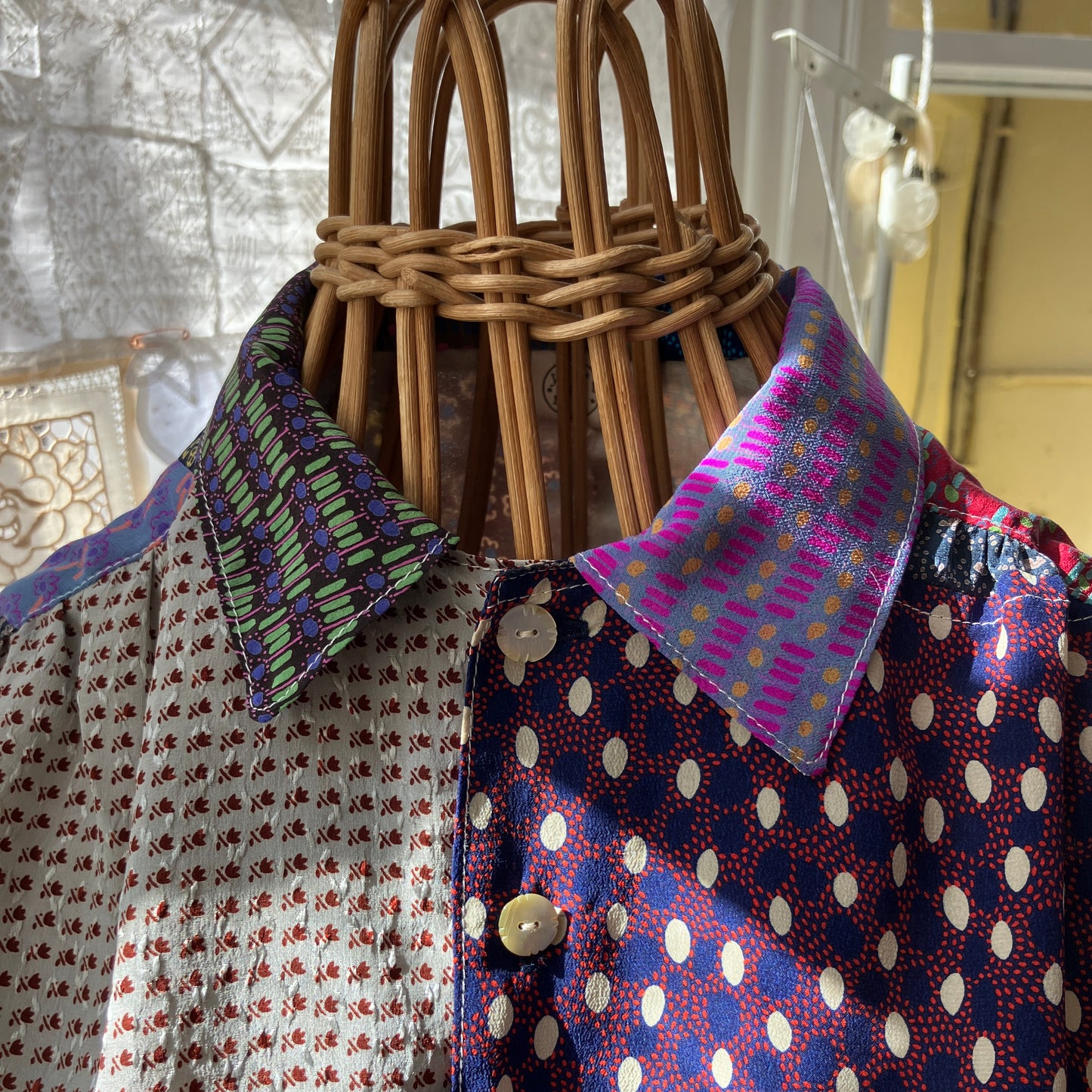 Patchwork blouse made from samples of 70s silk