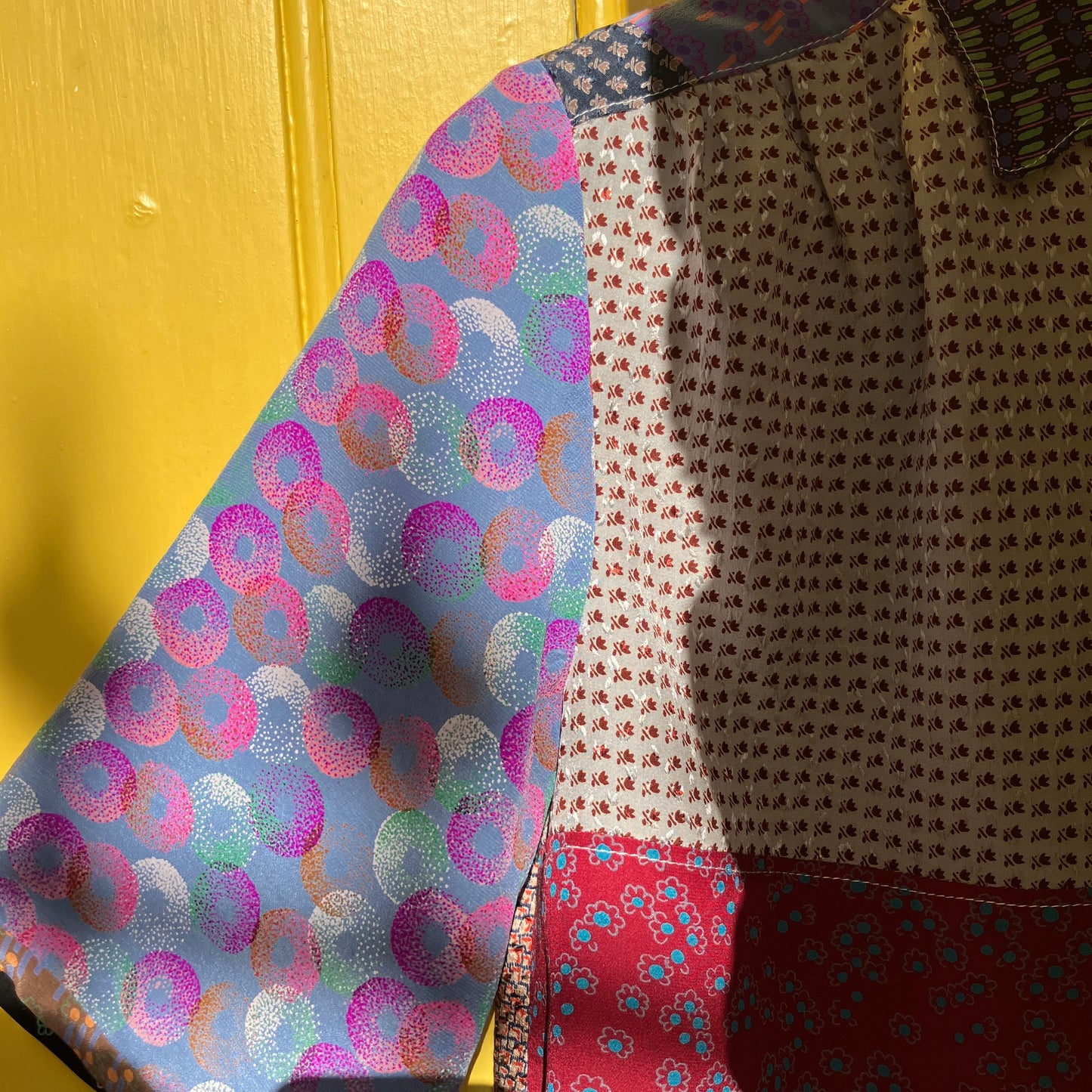 Patchwork blouse made from samples of 70s silk