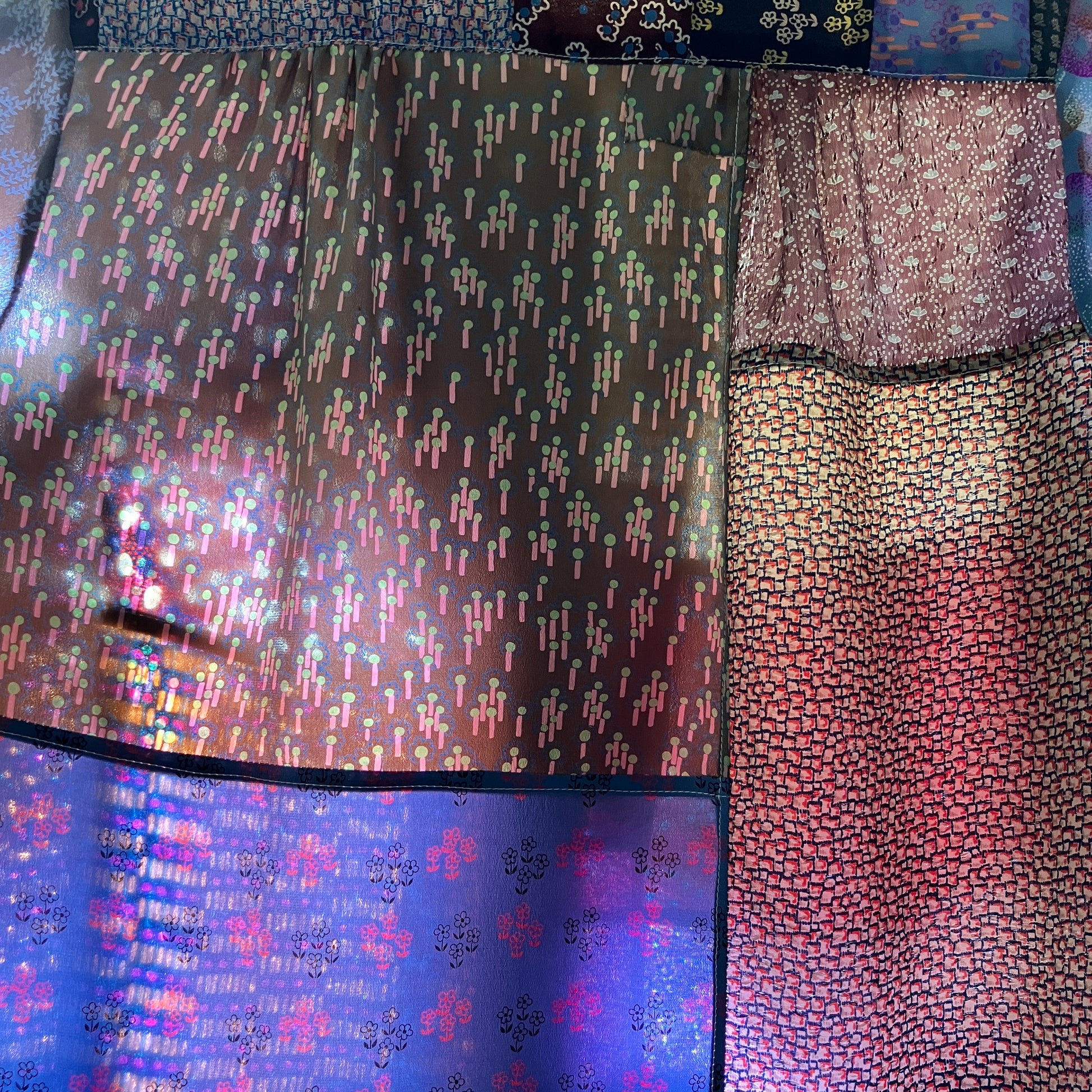 Patchwork blouse made from samples of 70s silk