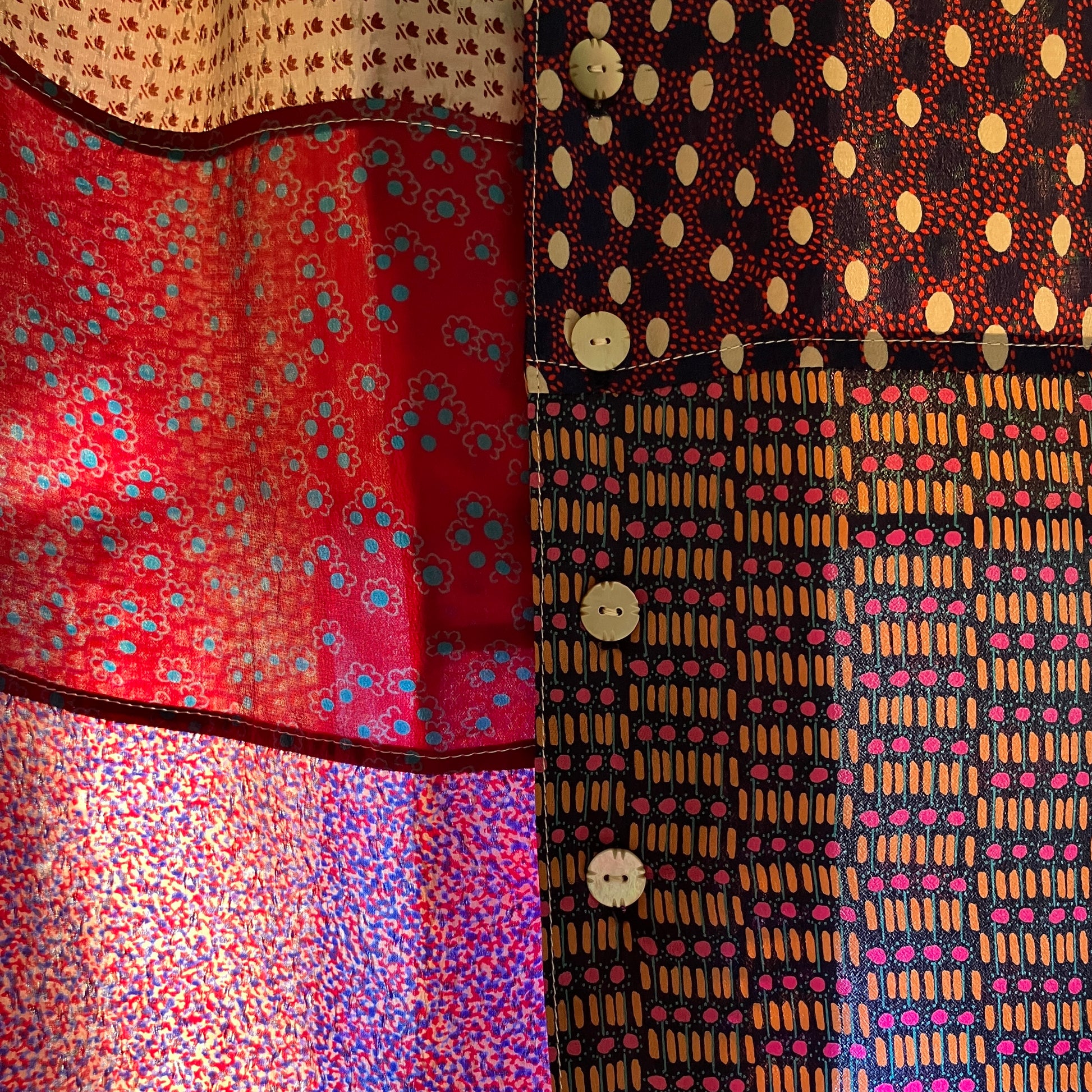 Patchwork blouse made from samples of 70s silk