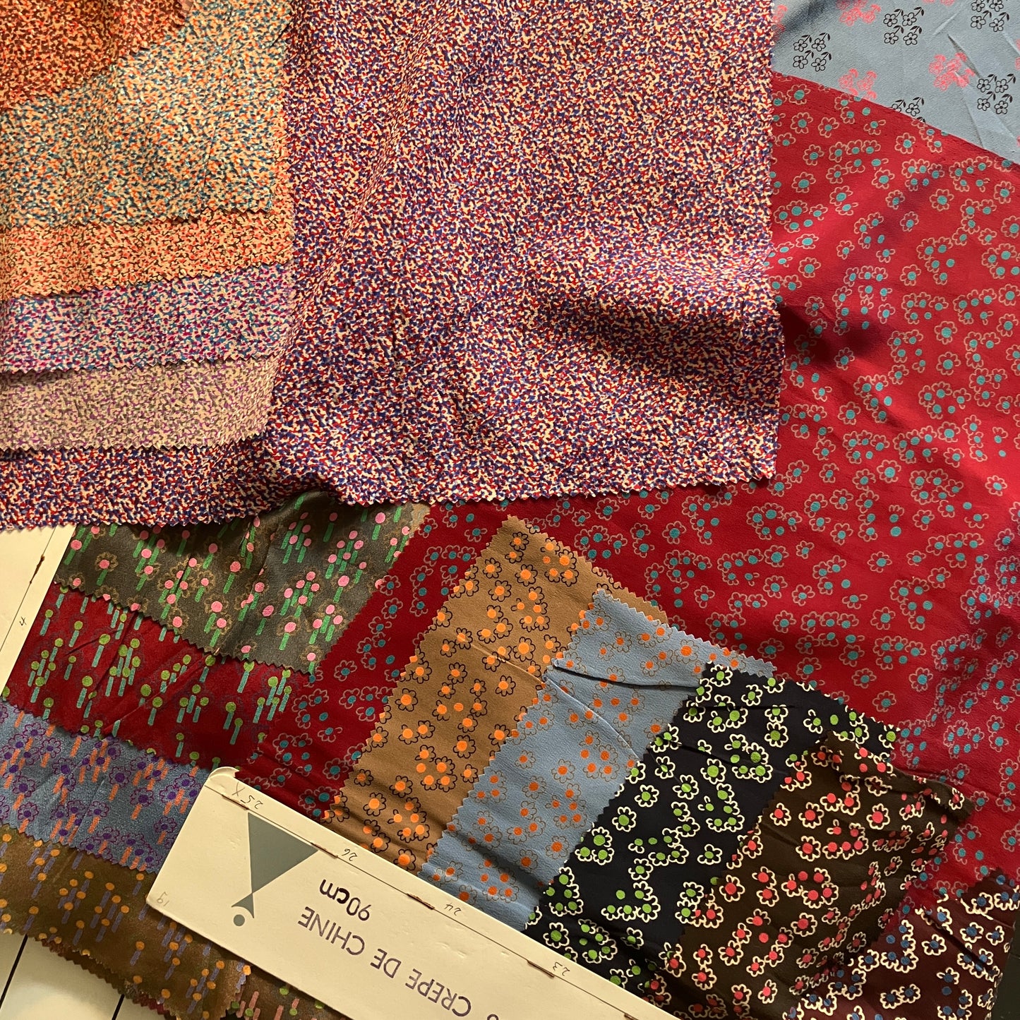 Patchwork blouse made from samples of 70s silk