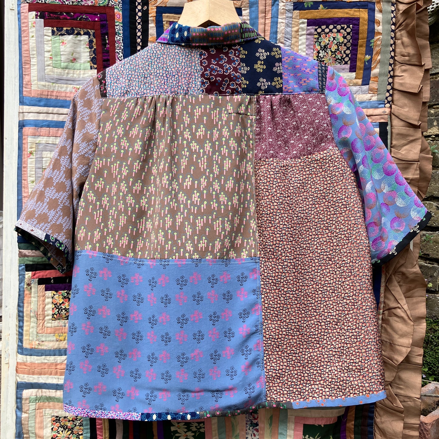 Patchwork blouse made from samples of 70s silk