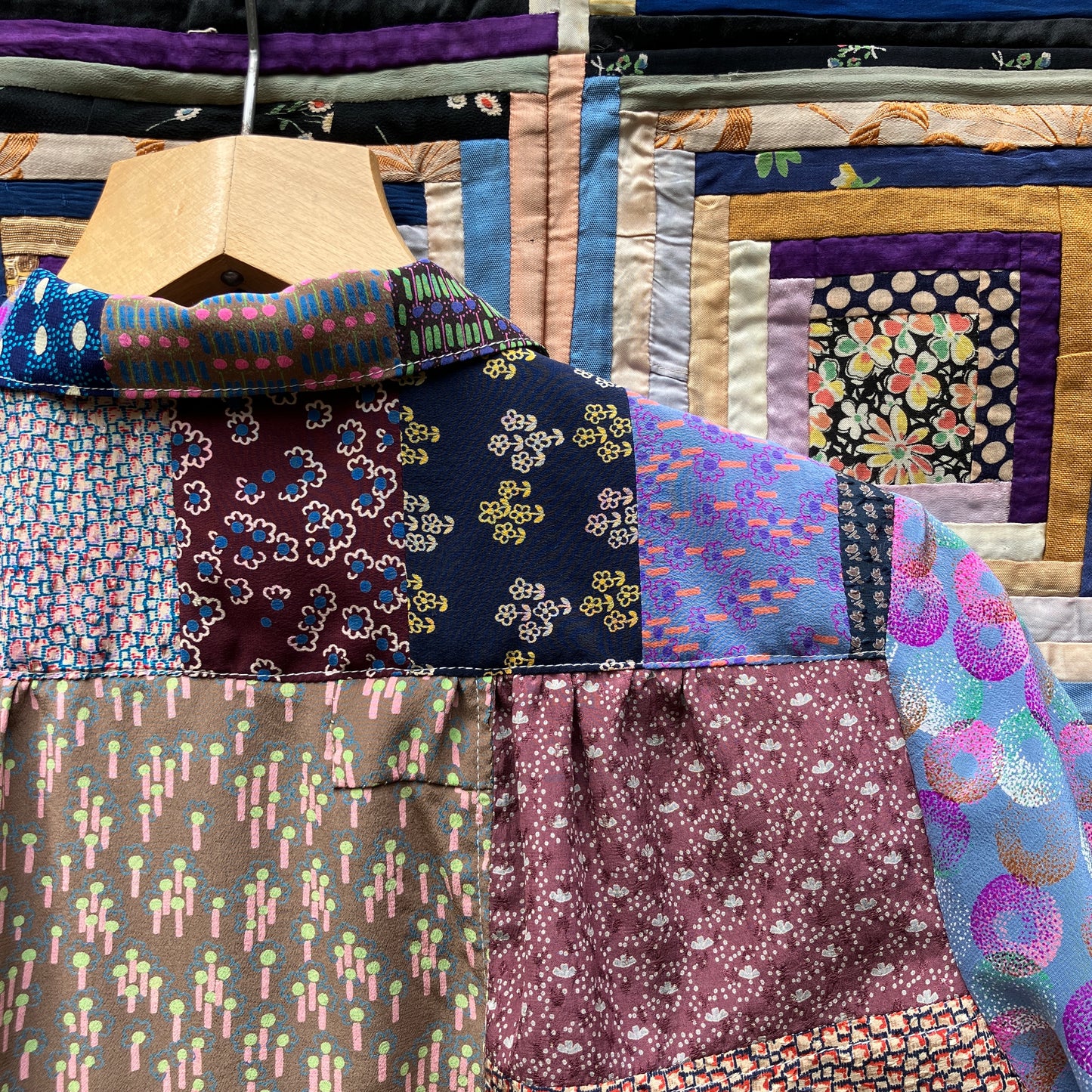 Patchwork blouse made from samples of 70s silk
