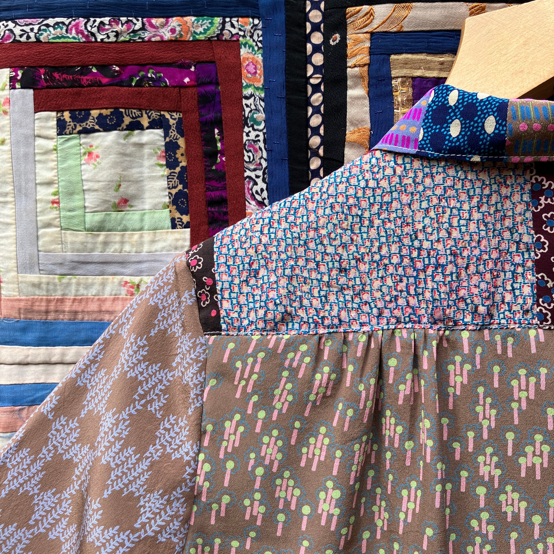 Patchwork blouse made from samples of 70s silk