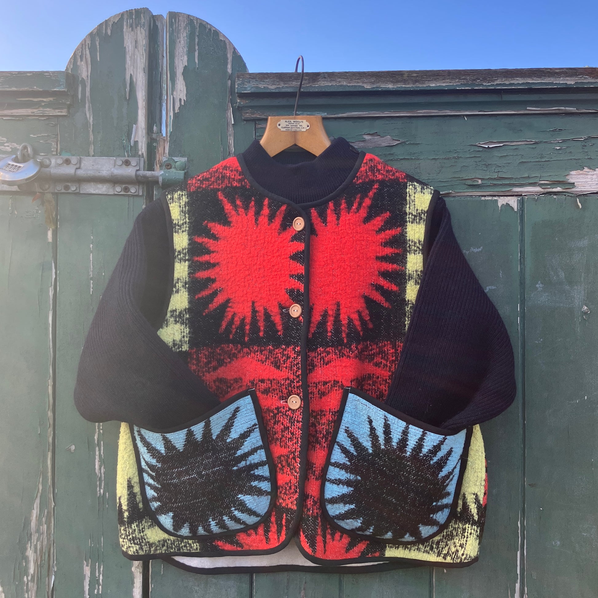 Wooly vest made from a recycled blanket with a star pattern