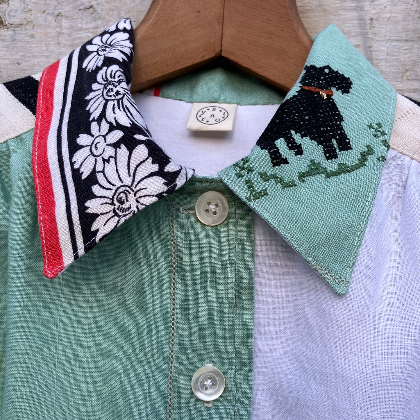 dog-themed shirt made from vintage reclaimed table linen
