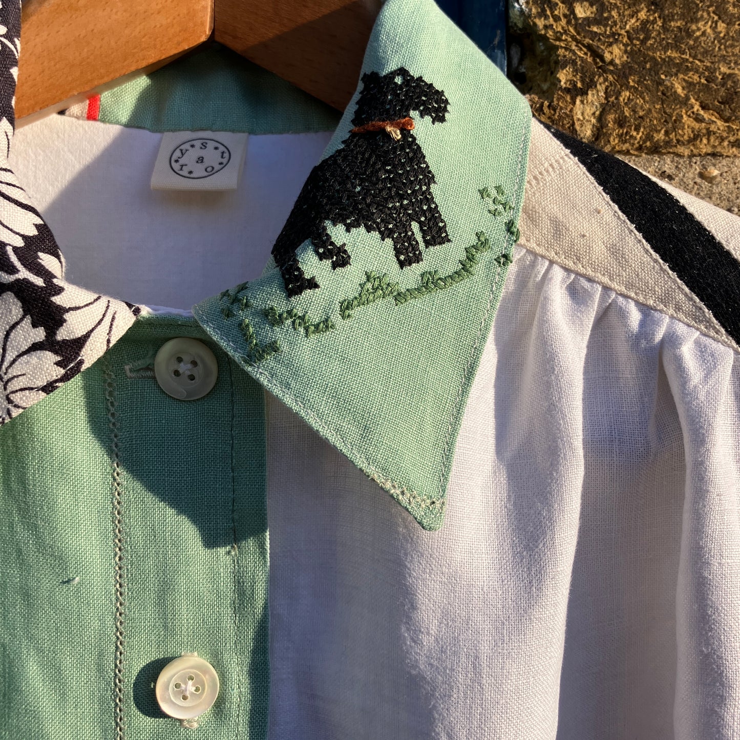 dog-themed shirt made from vintage reclaimed table linen