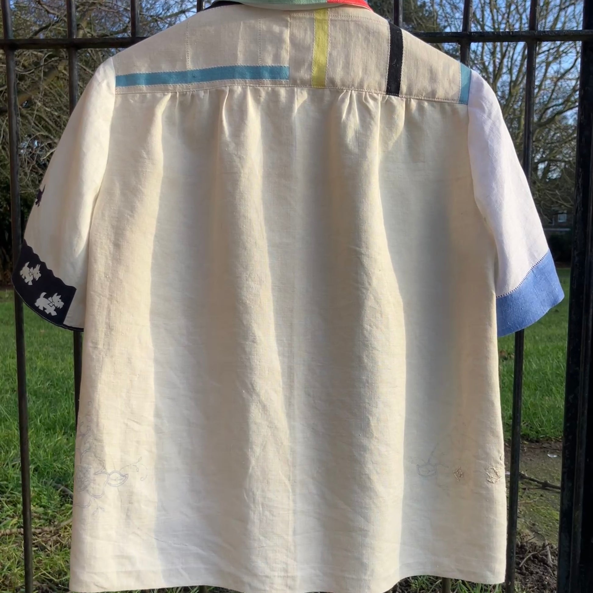 dog-themed shirt made from vintage reclaimed table linen